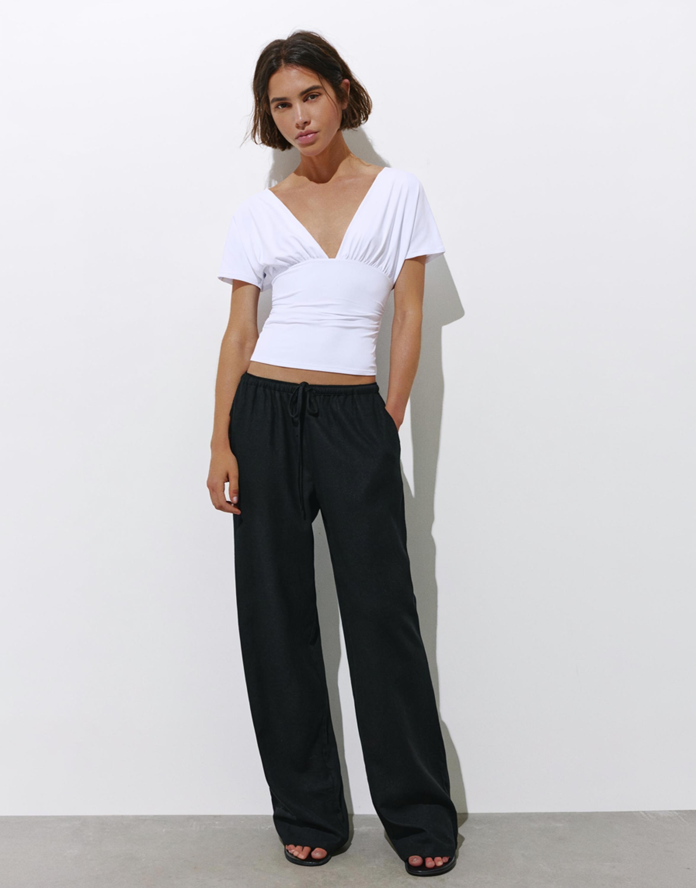 Gathered V-neck top — White