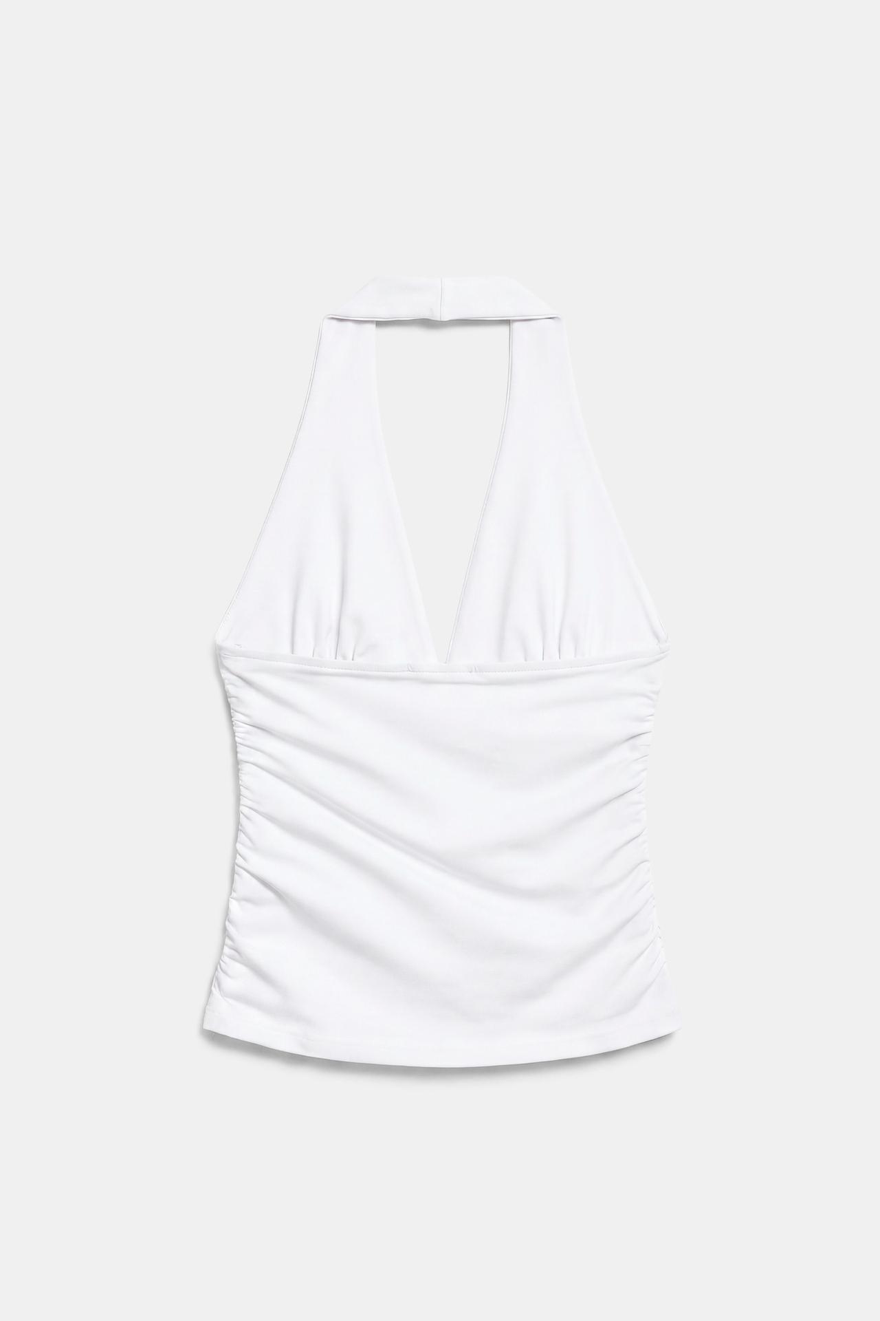 Halter neck top with gathering — White