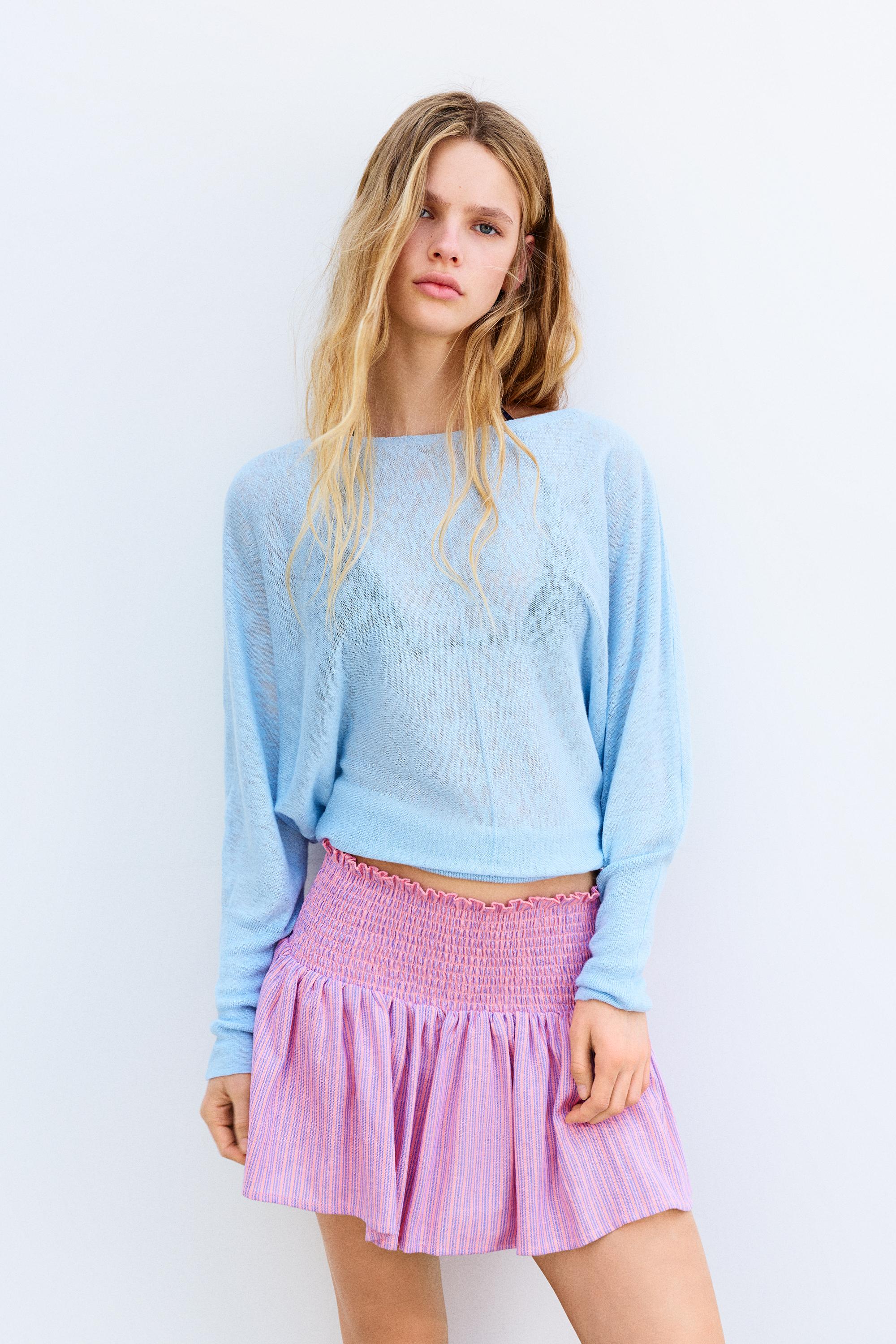 Striped linen blend mini skirt — Pink