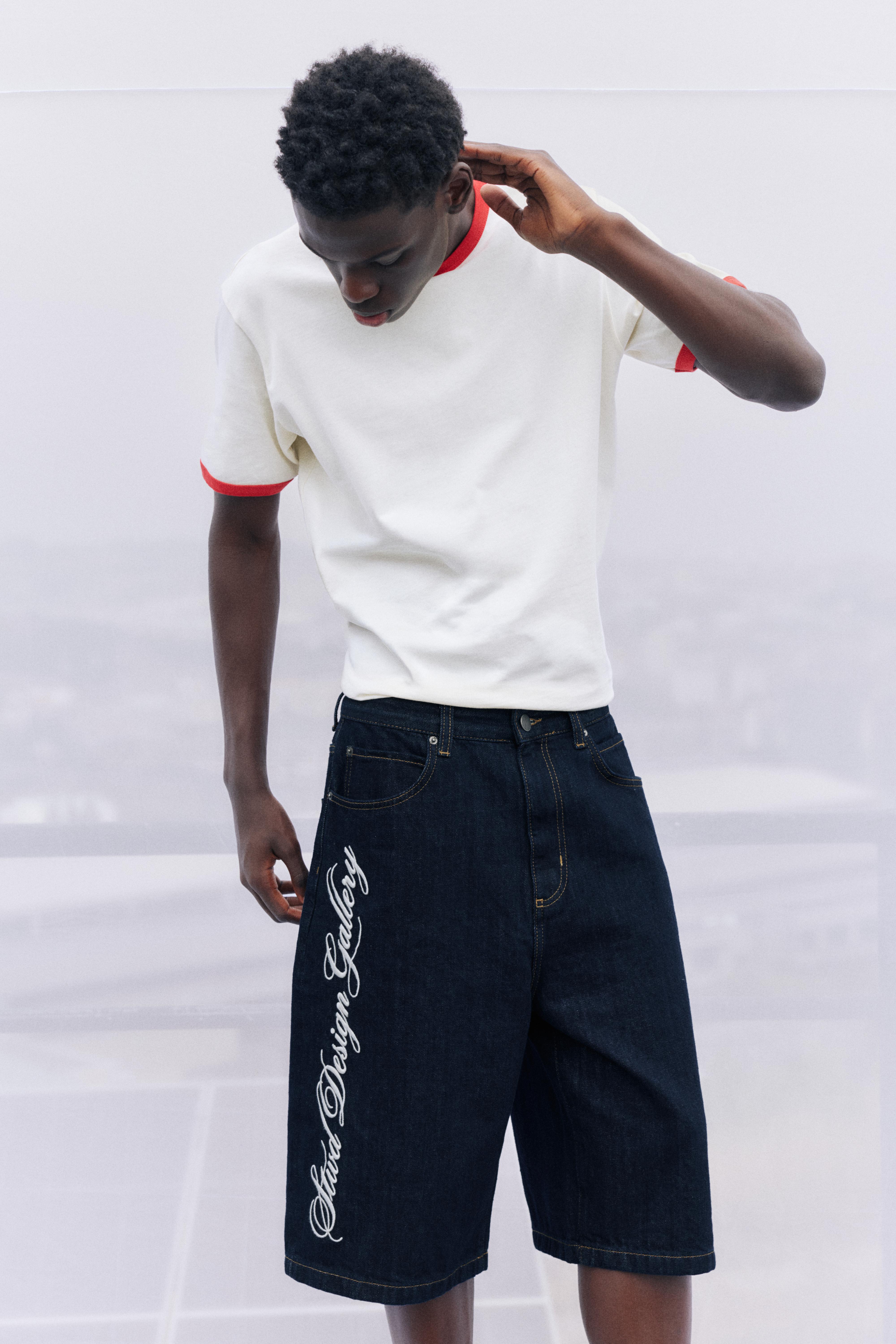 Text skater denim Bermuda shorts — Navy