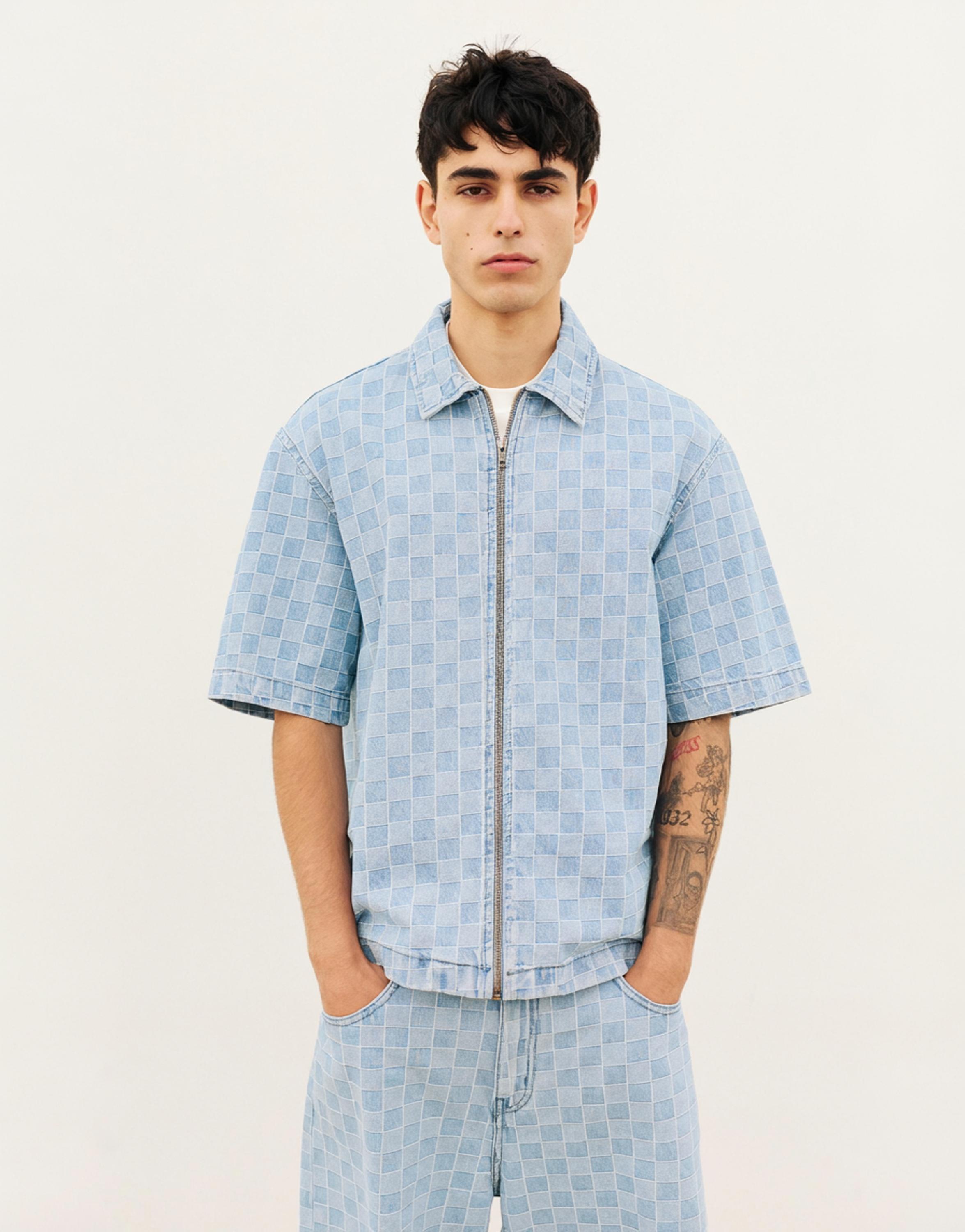 Check zip-up denim shirt — Medium blue