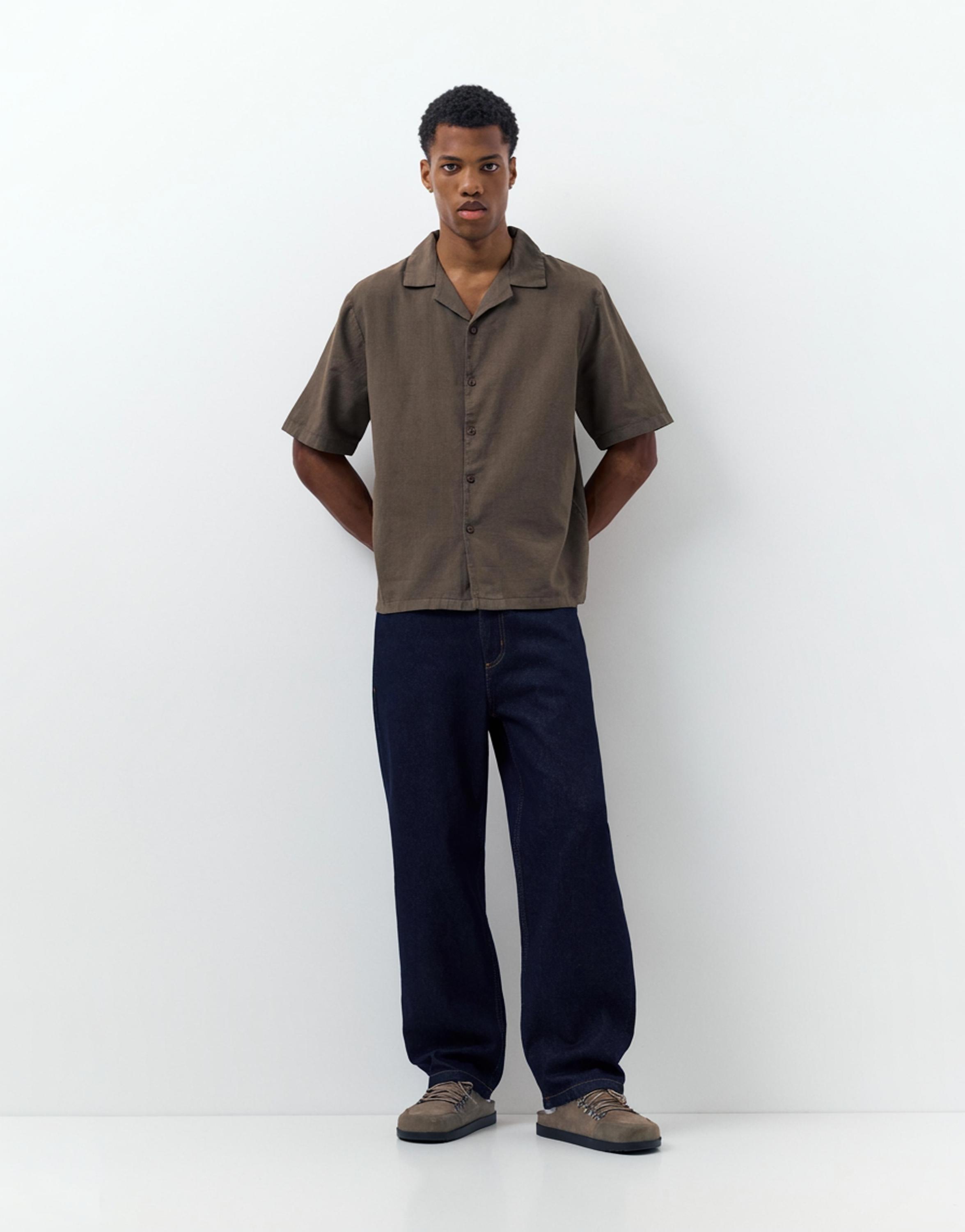 Short sleeve linen blend shirt — Chocolate