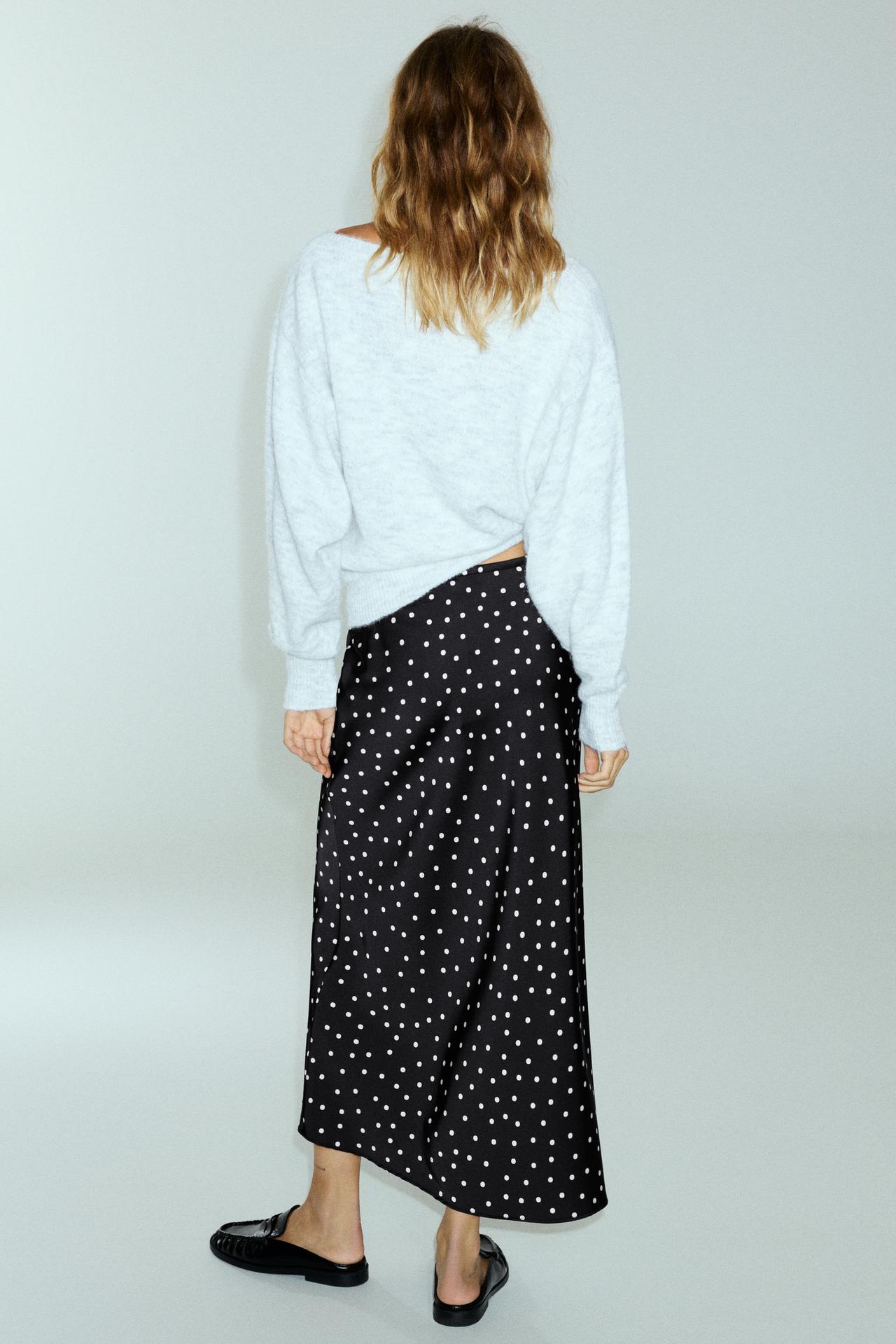 Satin drawstring midi skirt — Black/Ecru