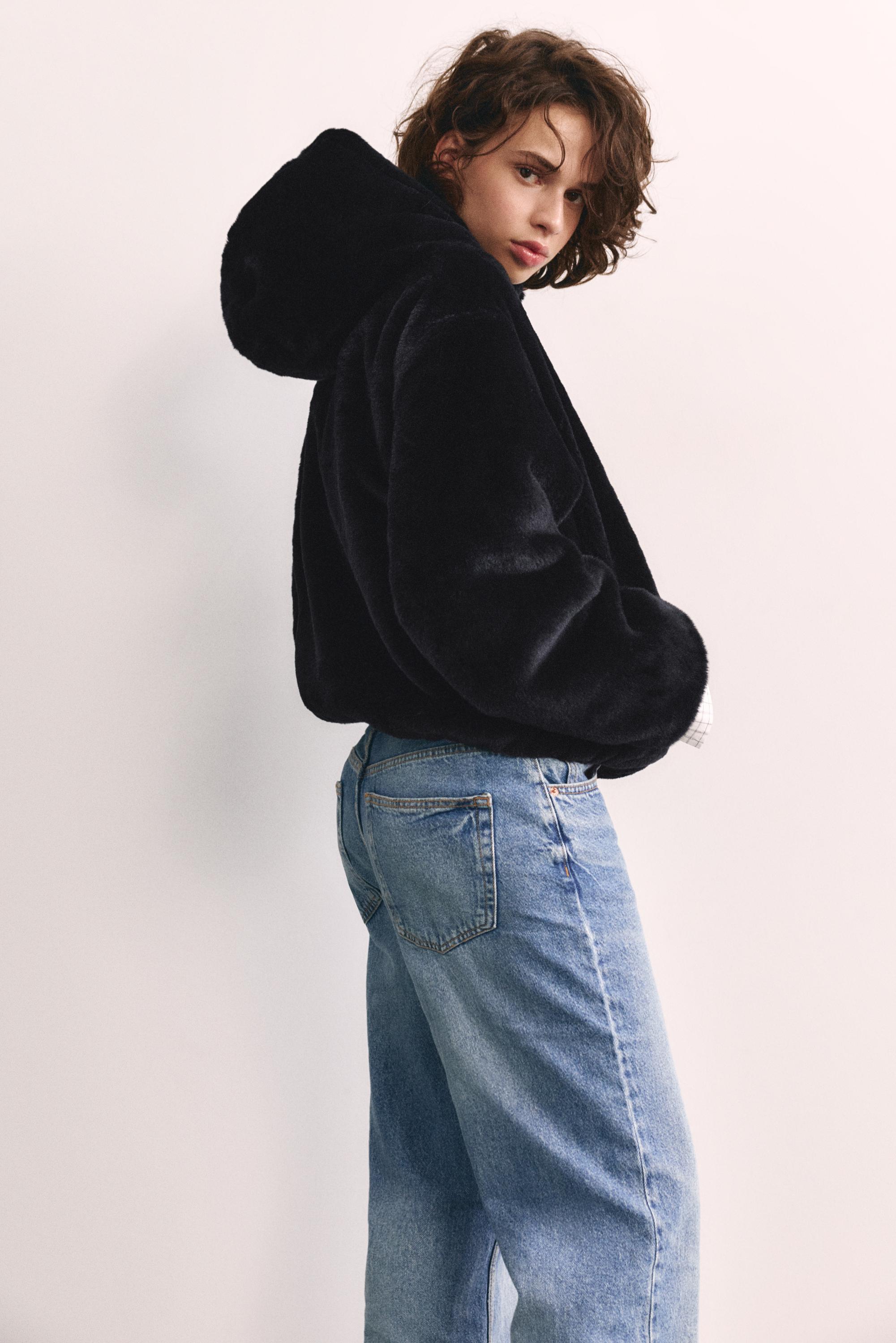 Hooded faux fur jacket — Black