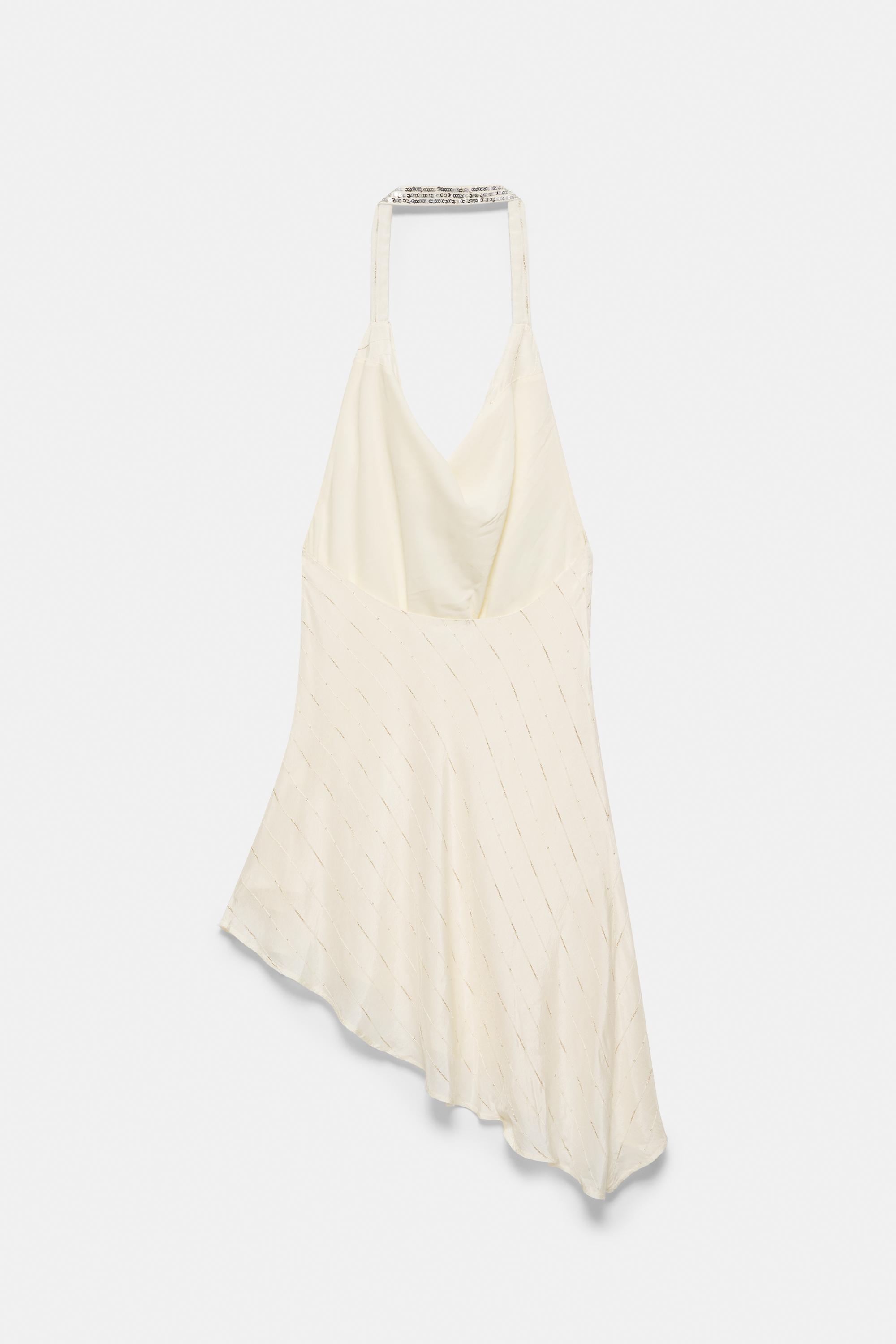 Short asymmetric halter dress — Ecru