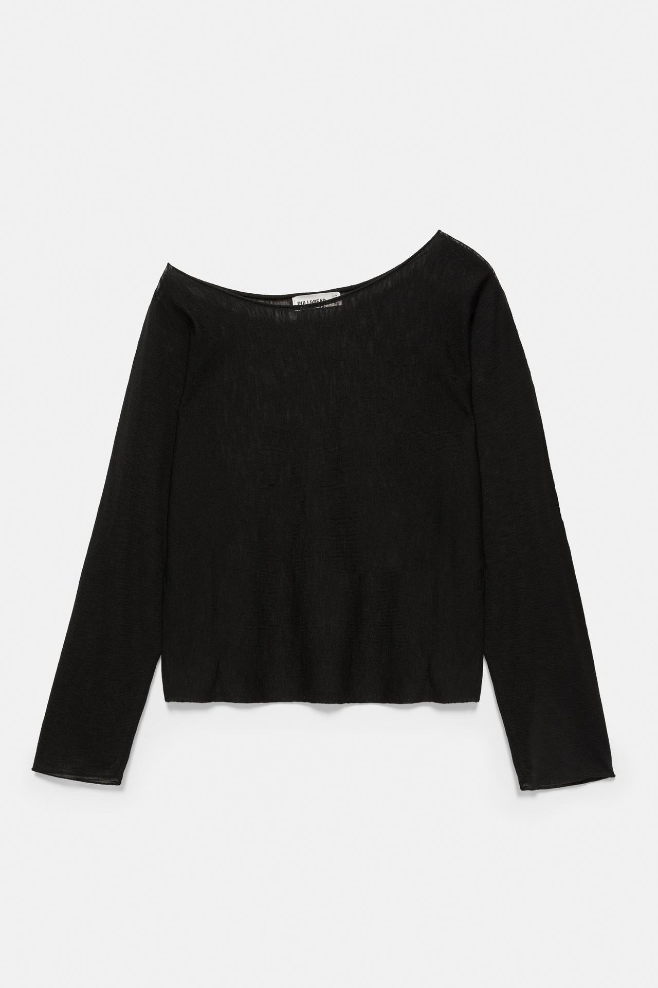 Fine knit asymmetric T-shirt — Black