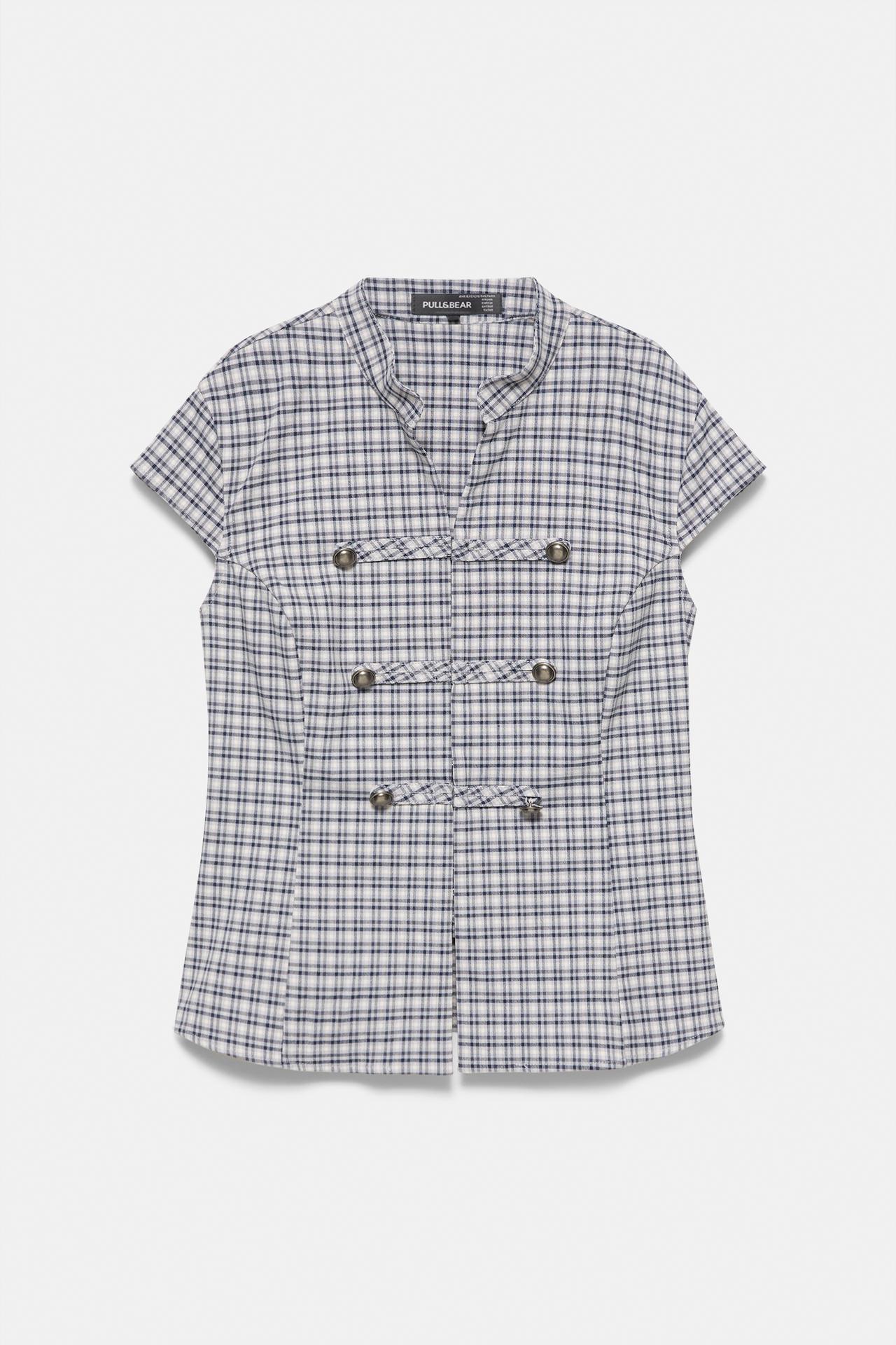Check shirt with fireman clasps — Ecru/Blue