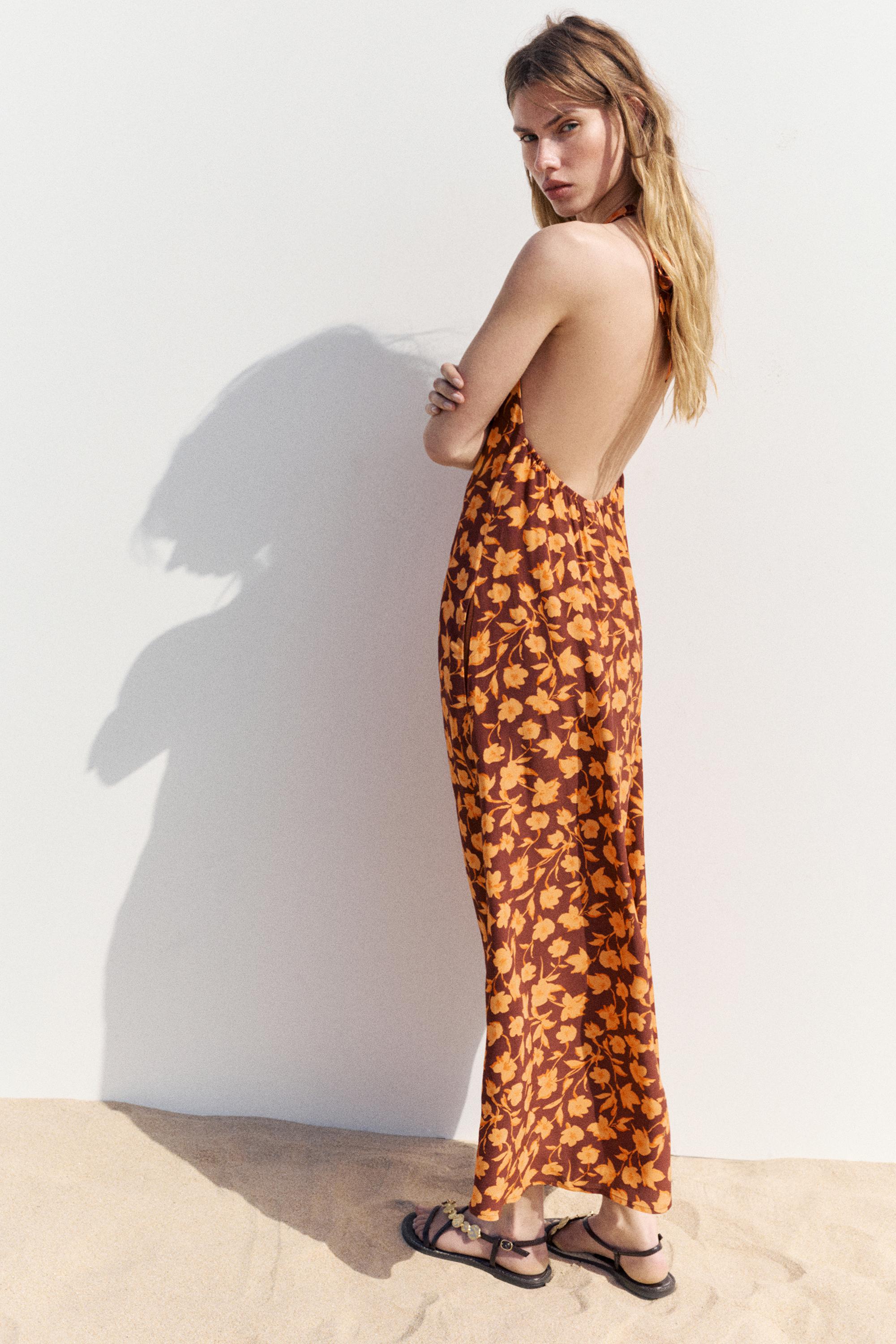 Floral halterneck midi dress — Brown