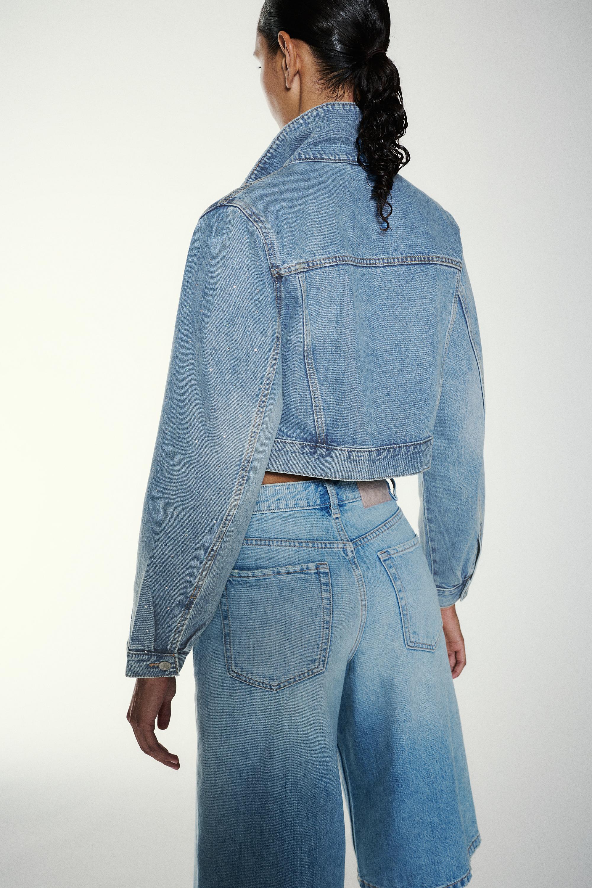 Cropped rhinestone denim jacket — Medium blue
