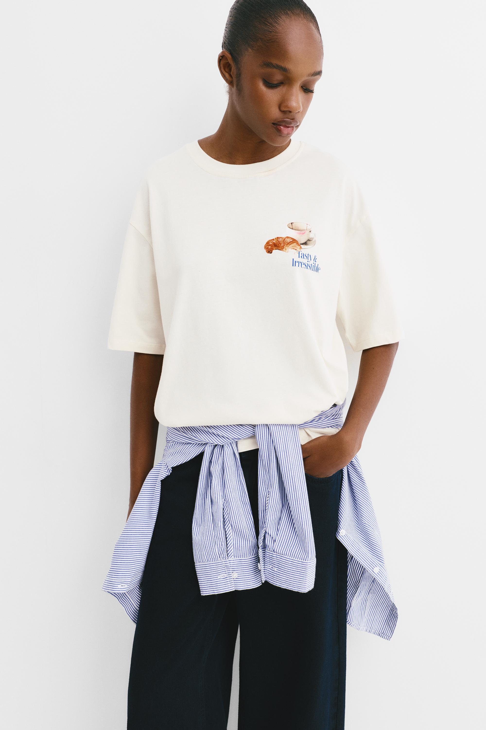 T-Shirt Mit Croissant- Und Kaffee-Print