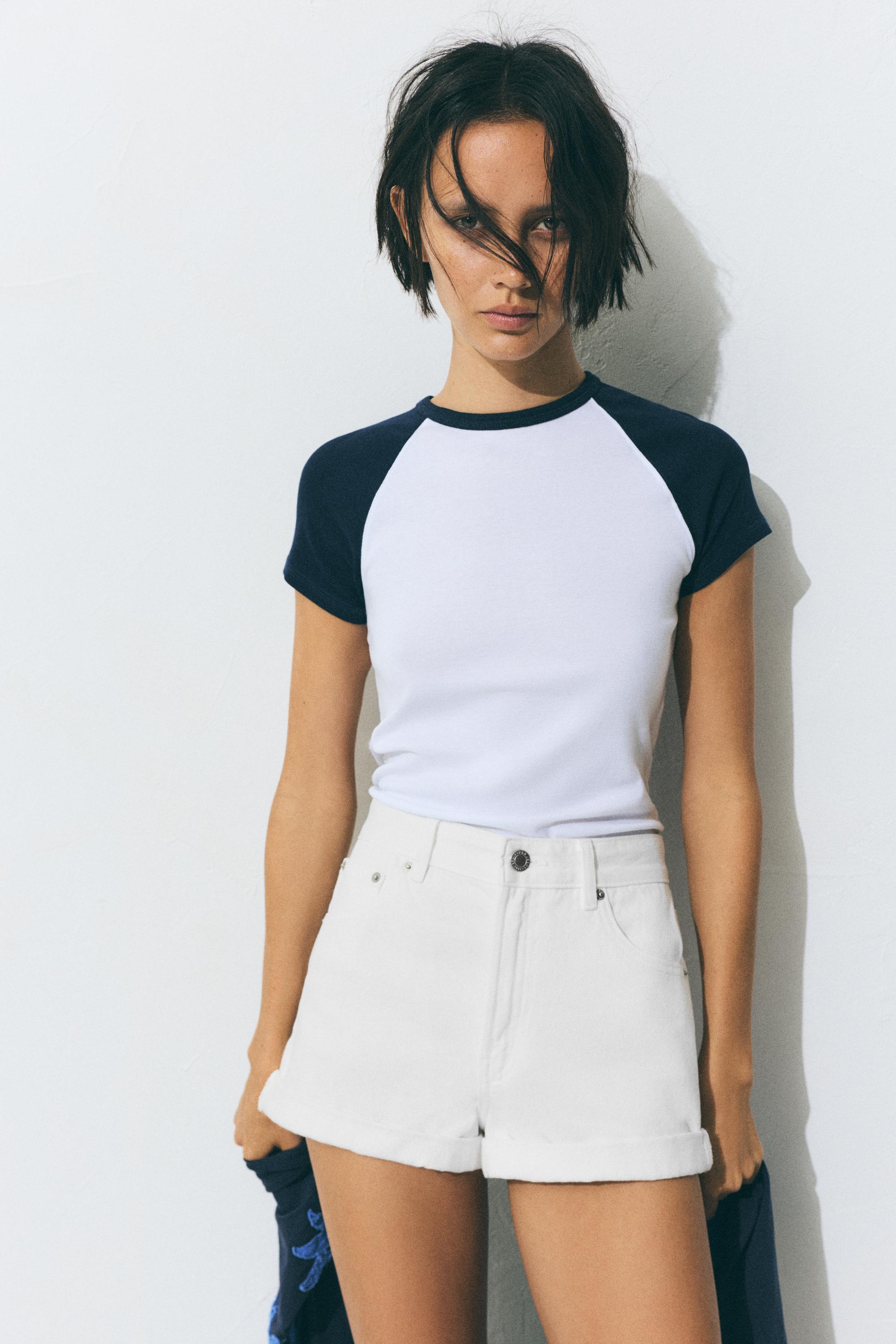 Denim mom fit shorts with turn-up hems — White