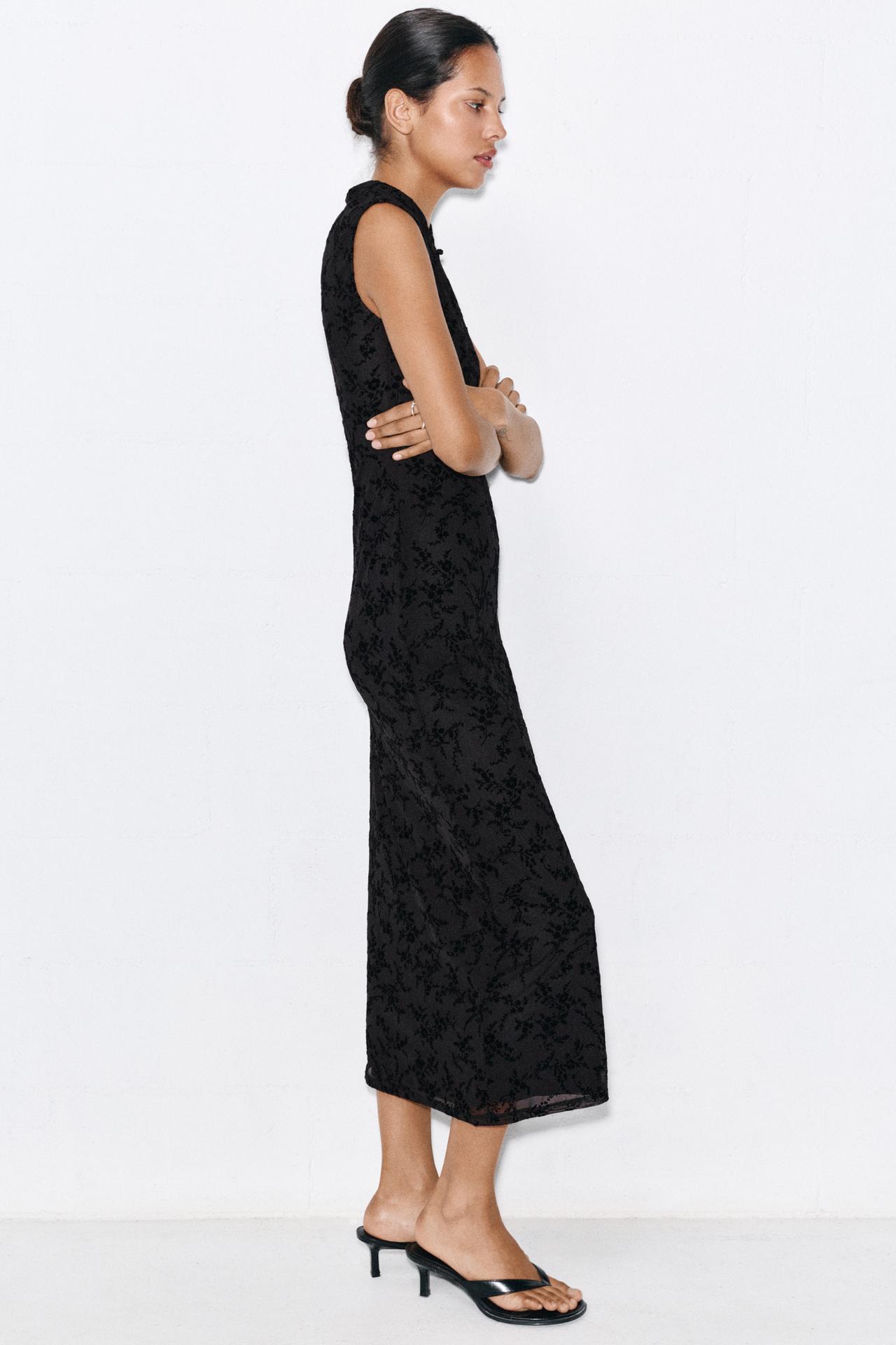 Stand collar midi dress with frog fastenings — Black