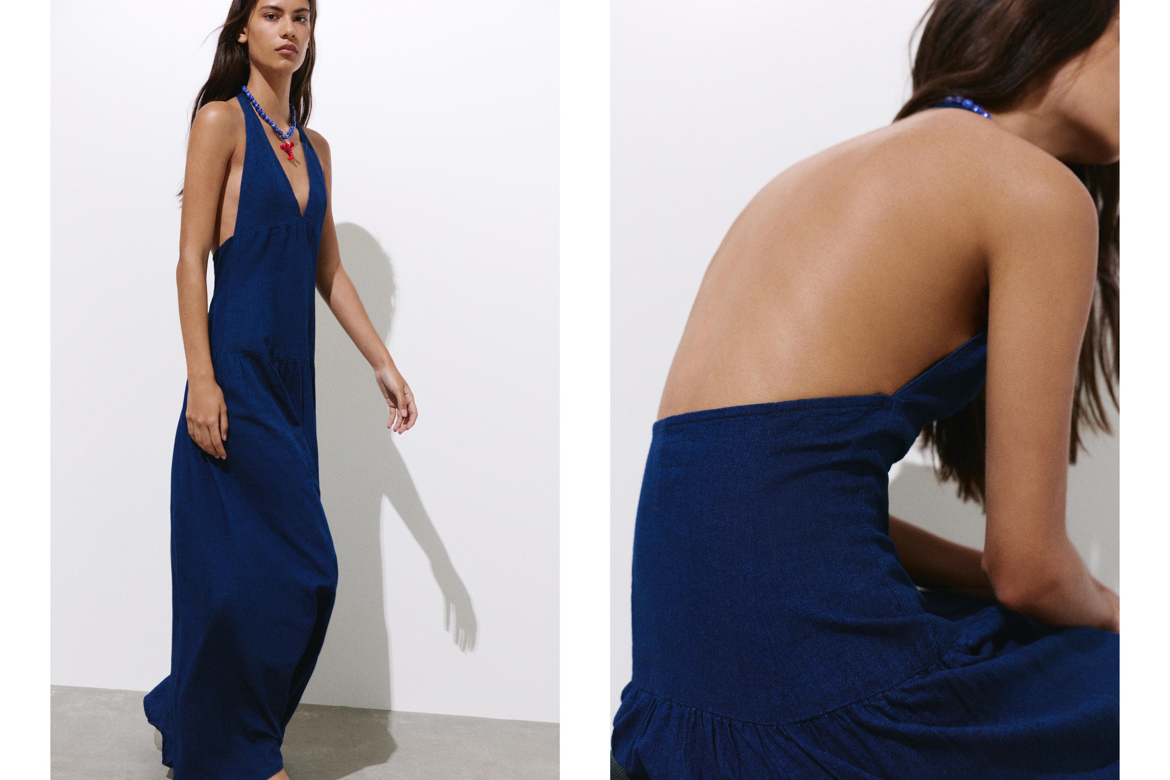 Long halter denim dress — Dark blue