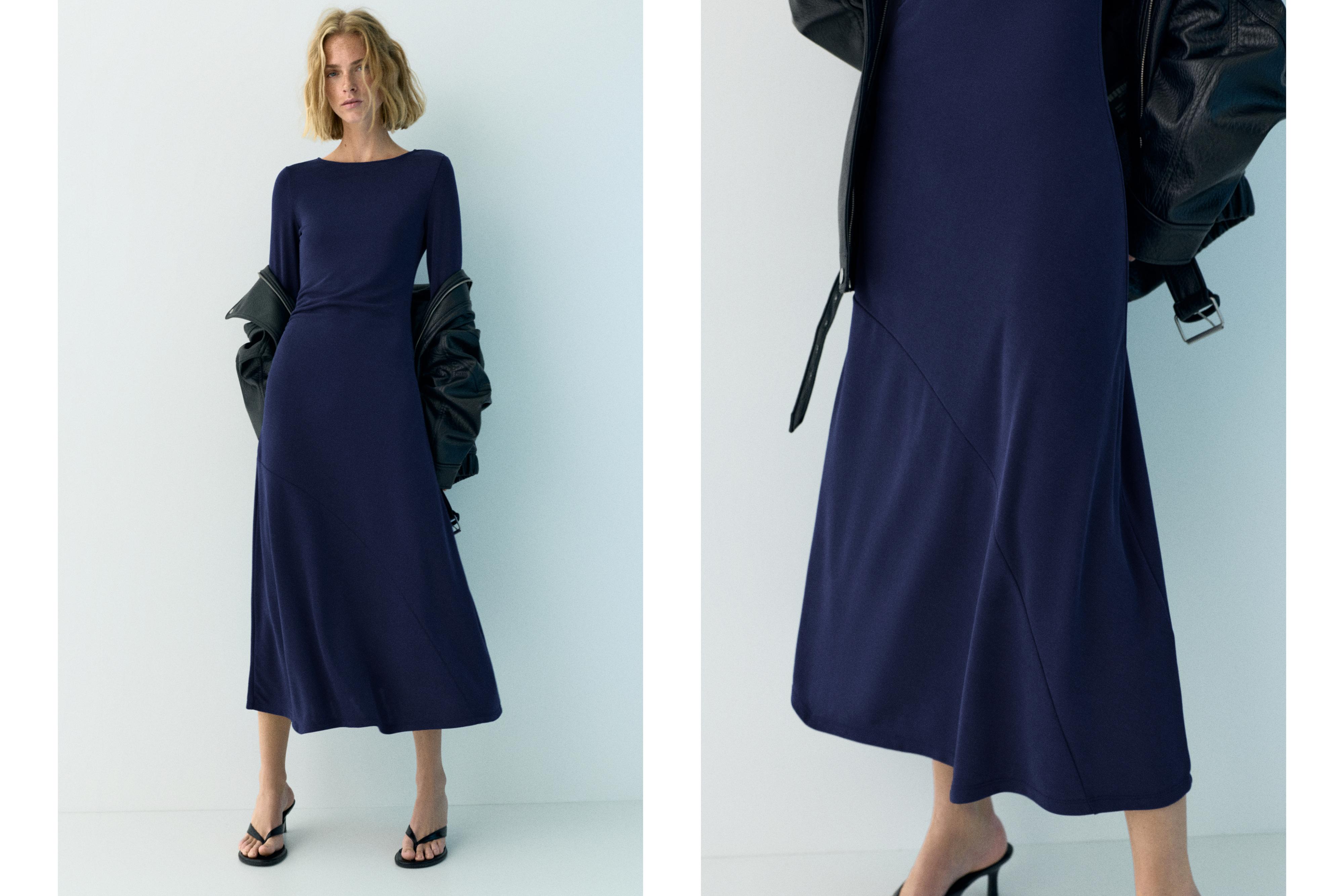 Fluid draped cupro midi dress — Faded navy