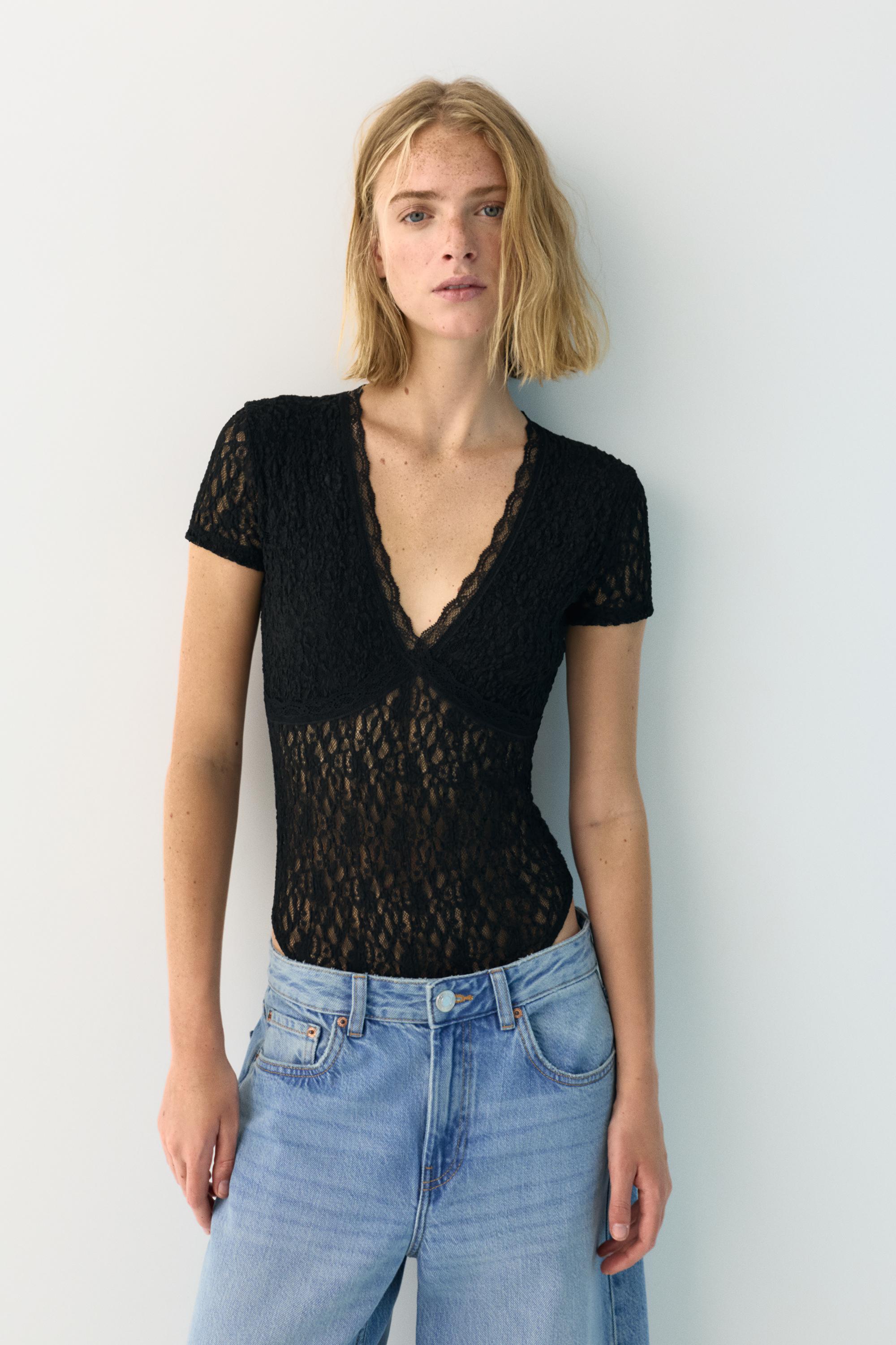 Short sleeve lace bodysuit — Black