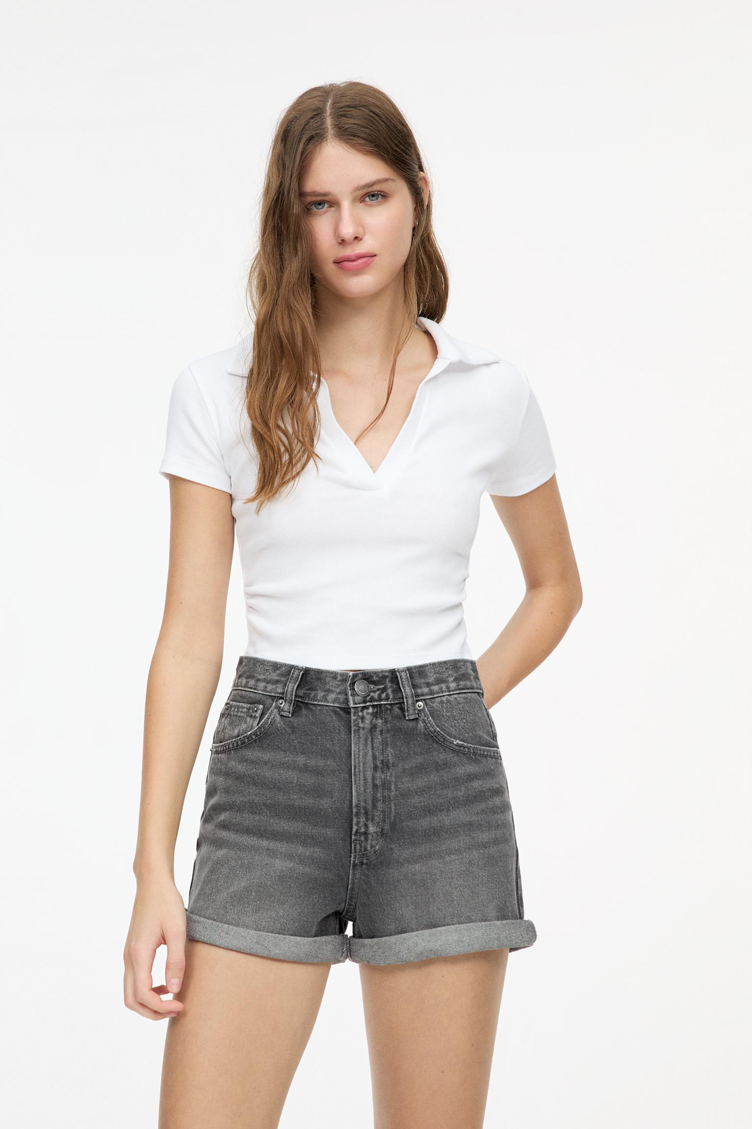 Denim turn-up mom shorts — Grey