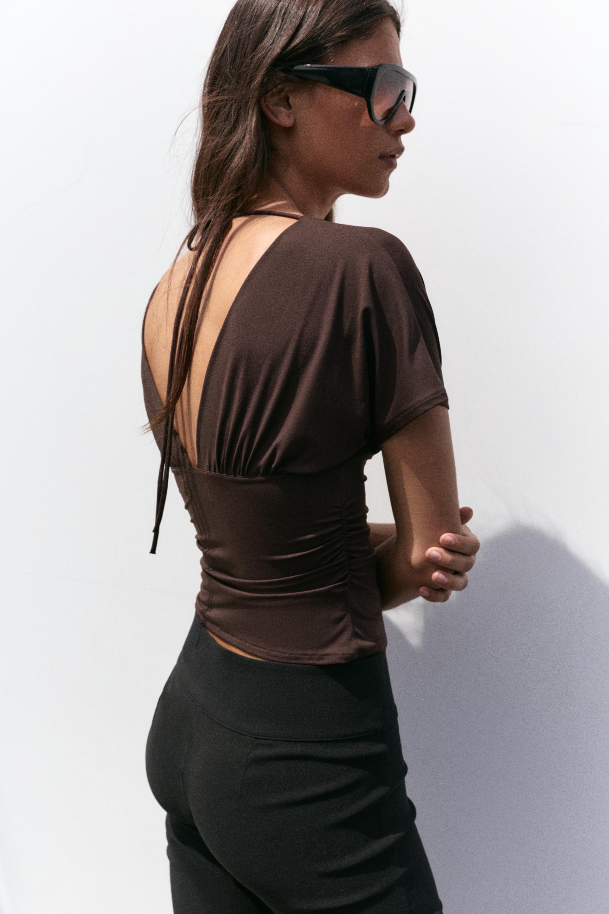 Gathered V-neck top — Brown
