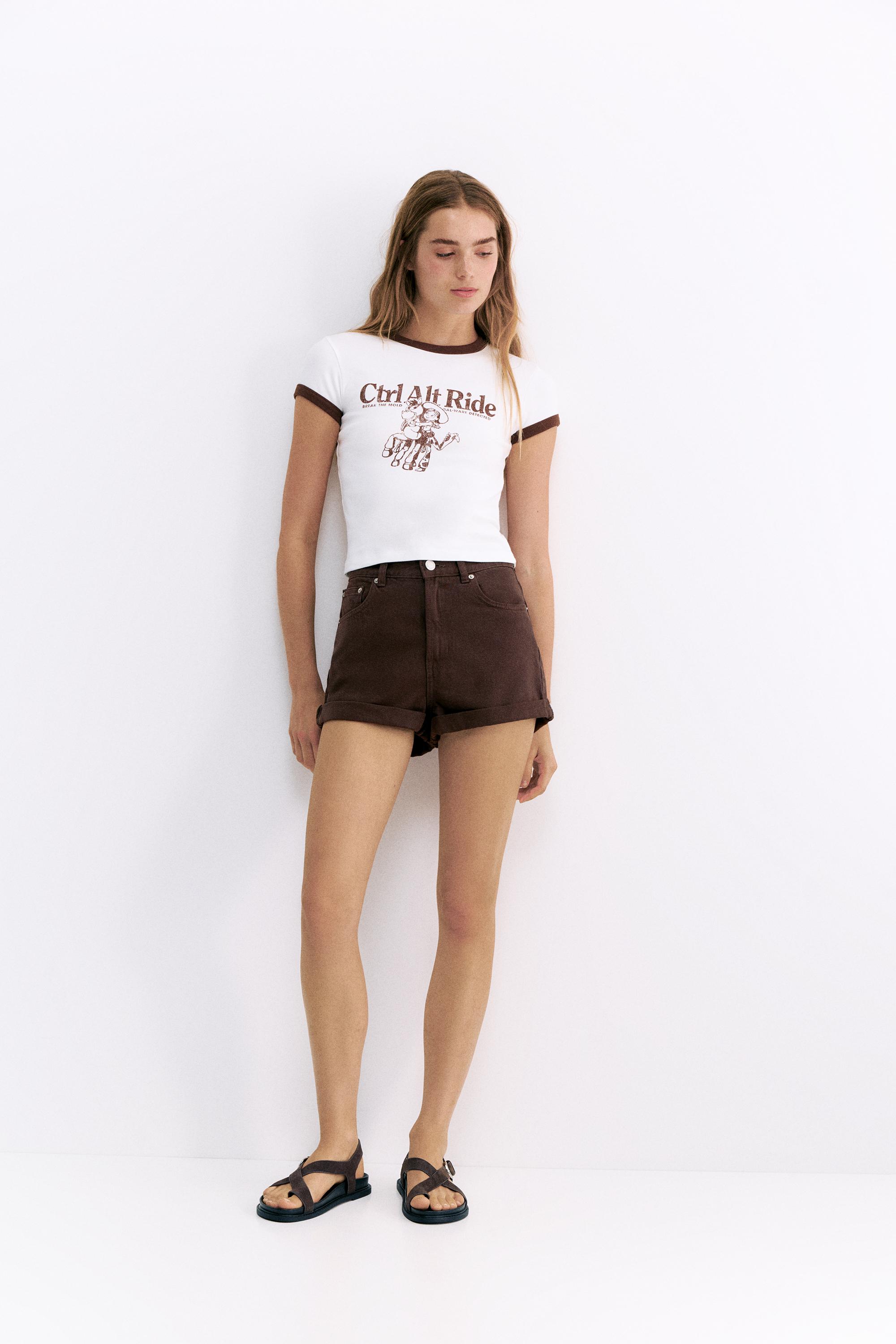 Denim mom fit shorts with turn-up hems — Brown