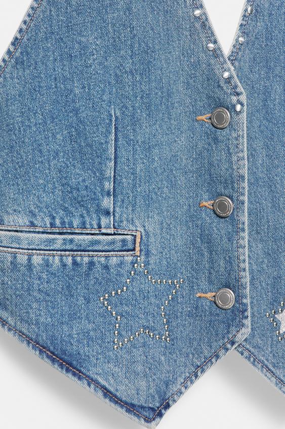 Yıldız ve zımba detaylı denim yelek