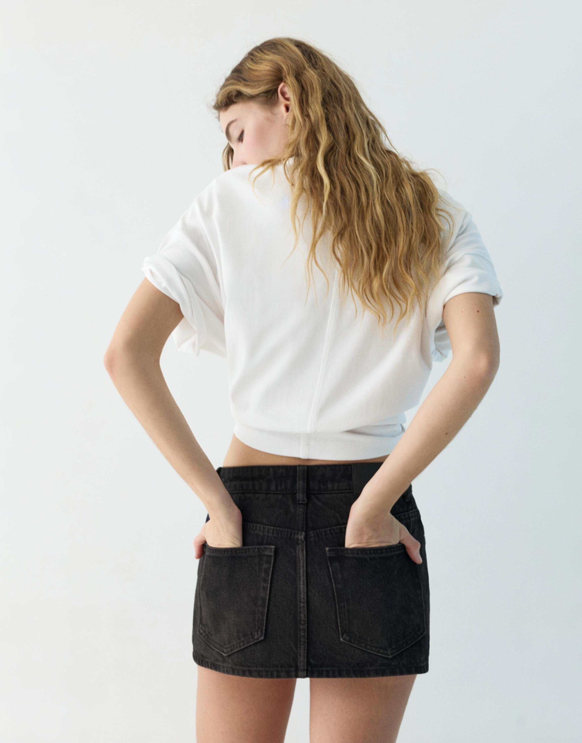Cross-waist denim skort — Black