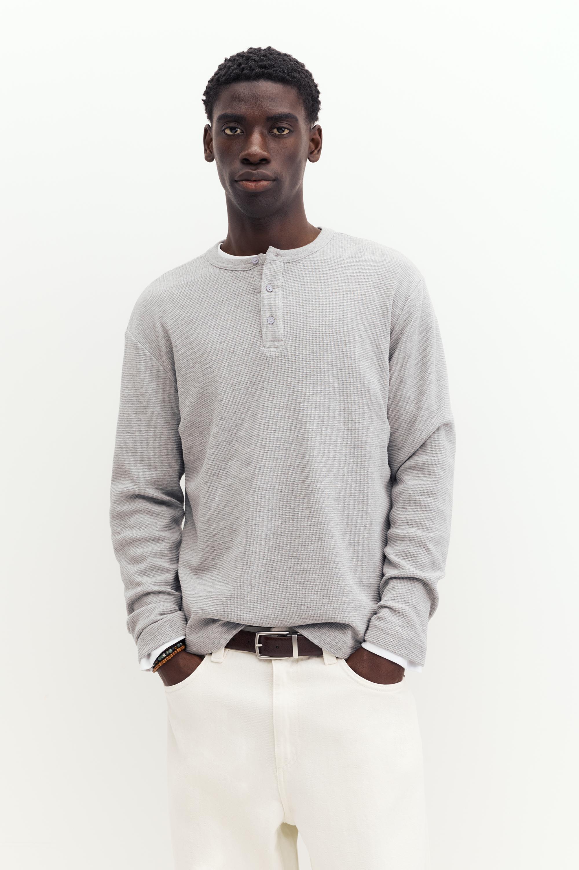 Waffle-knit long sleeve T-shirt — Pale marl