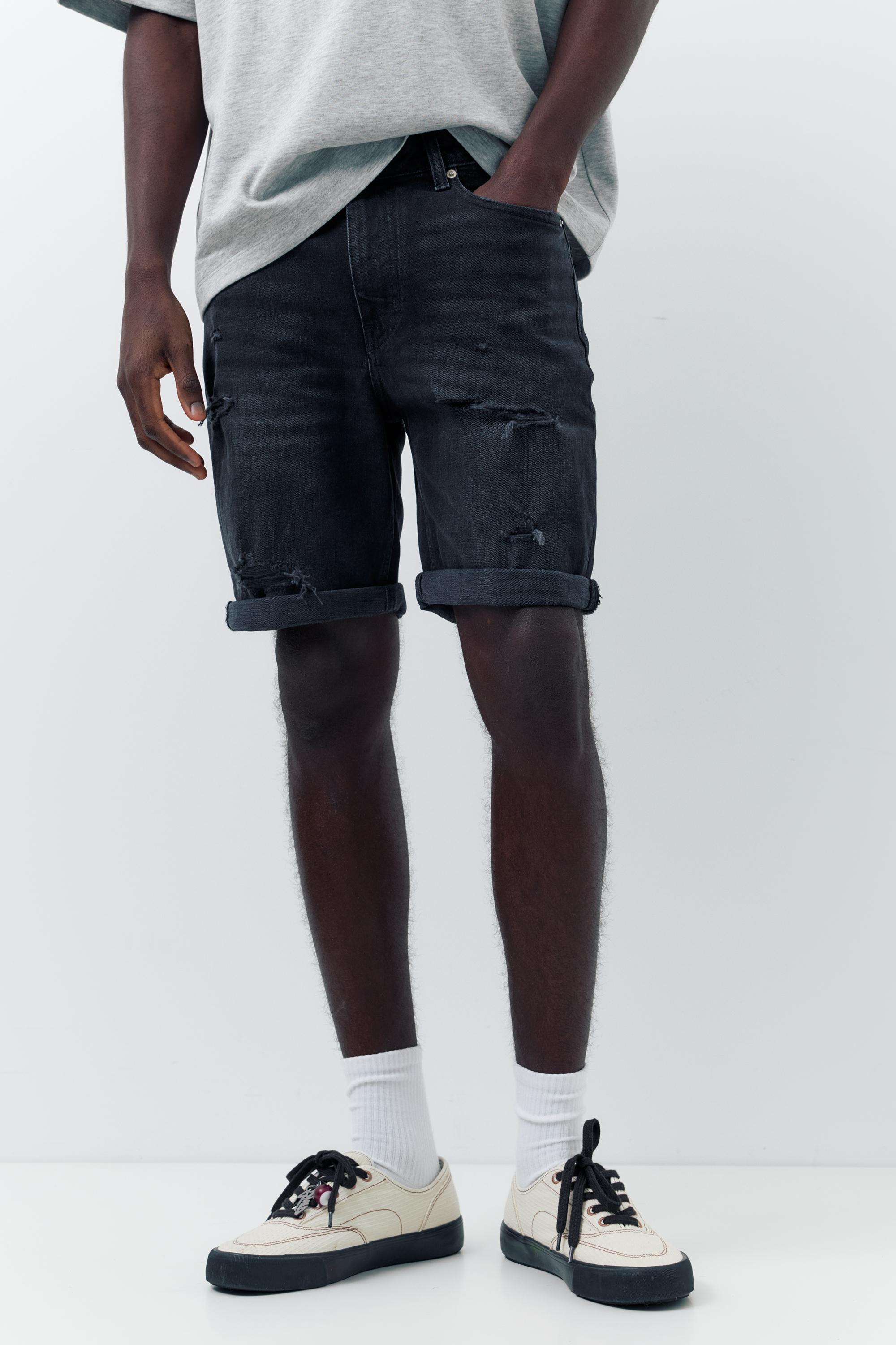 Ripped denim Bermuda shorts — Faded black