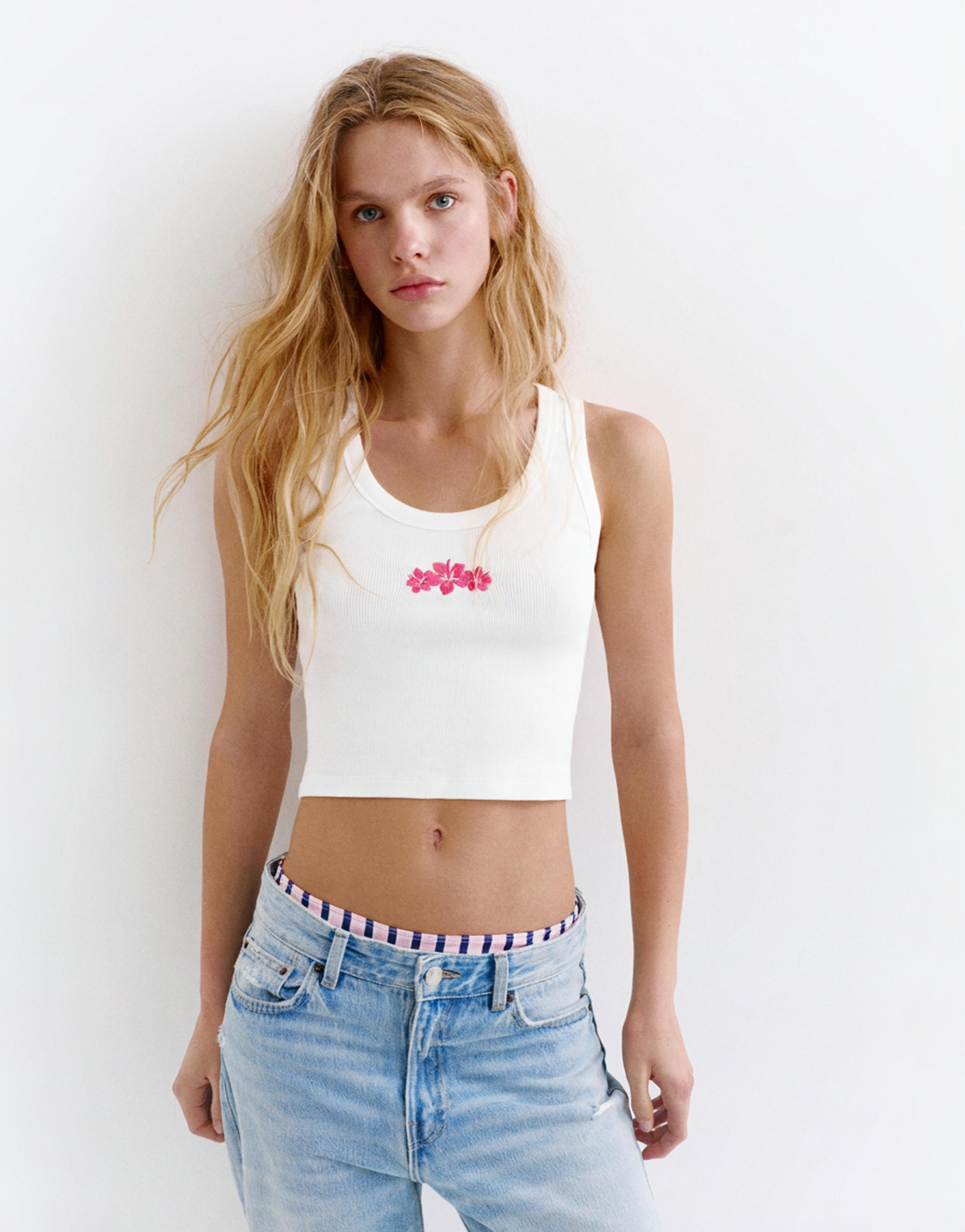 Floral embroidered tank top — Ice