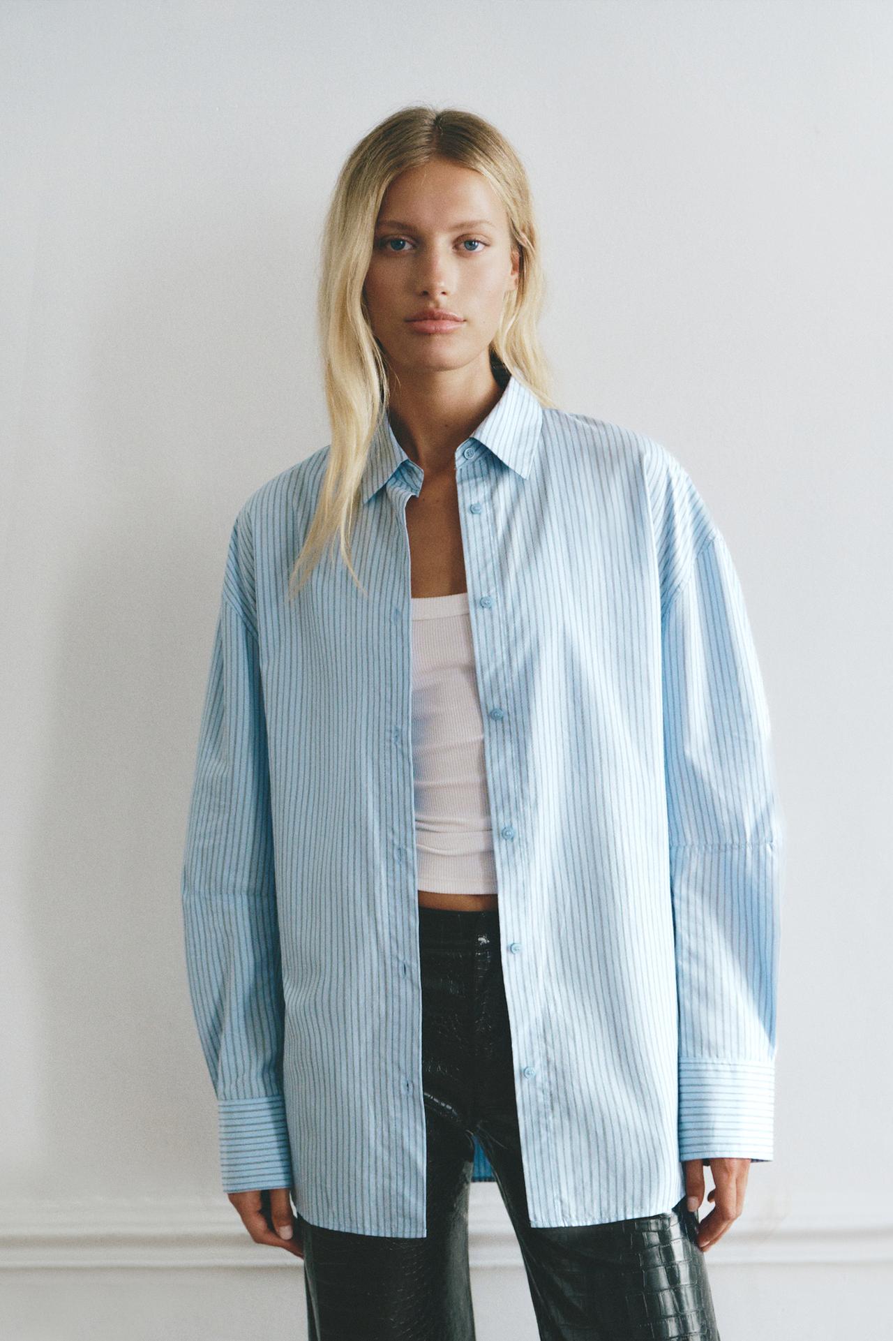Striped shirt with back buttons — Sky blue