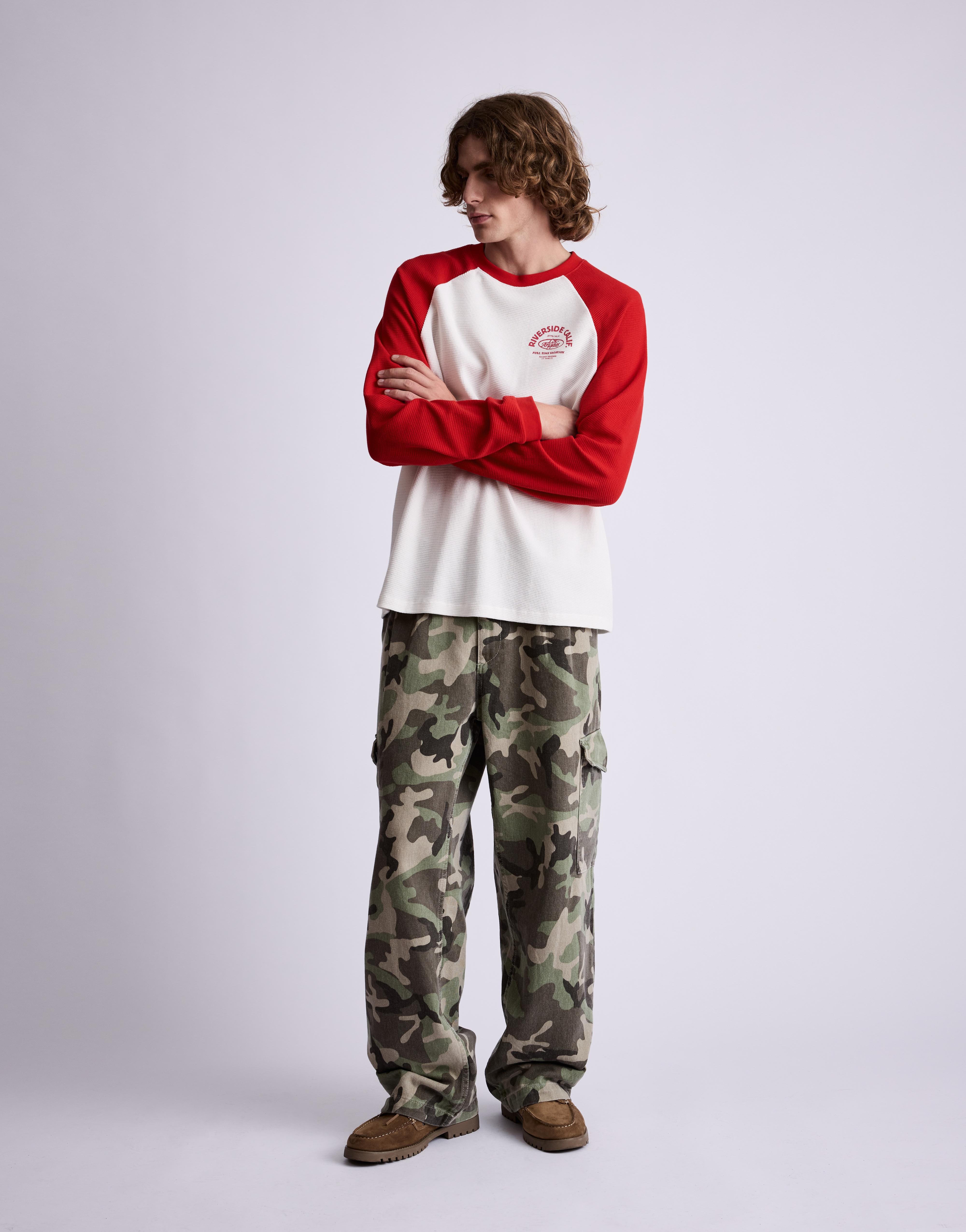 Waffle-knit raglan sleeve T-shirt — Red