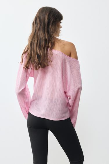 Fine knit asymmetric T-shirt — Pink 2
