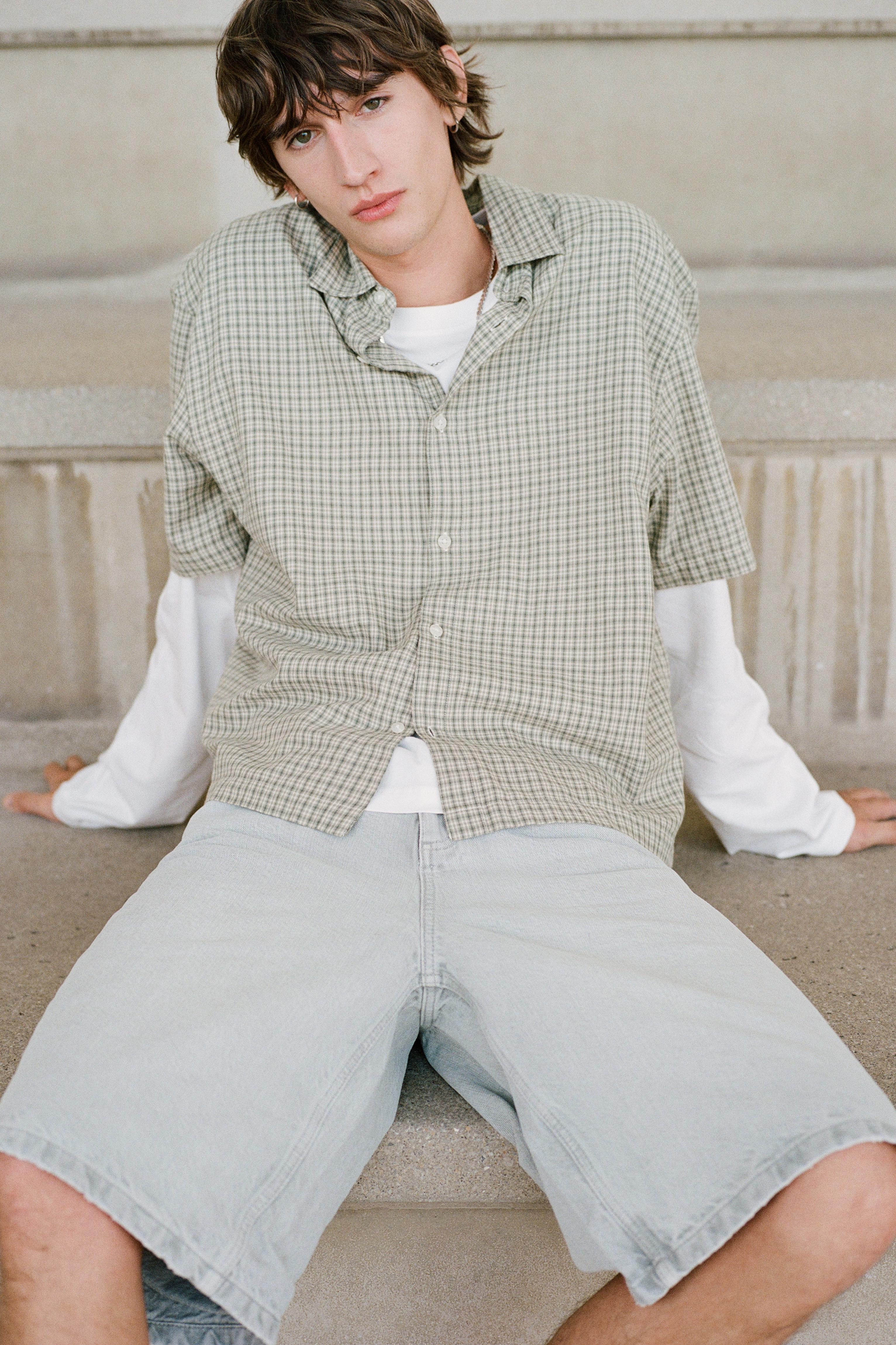 Short sleeve check shirt — Green/Ecru