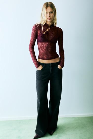Lace stand collar top with fireman clasps — Burgundy 5