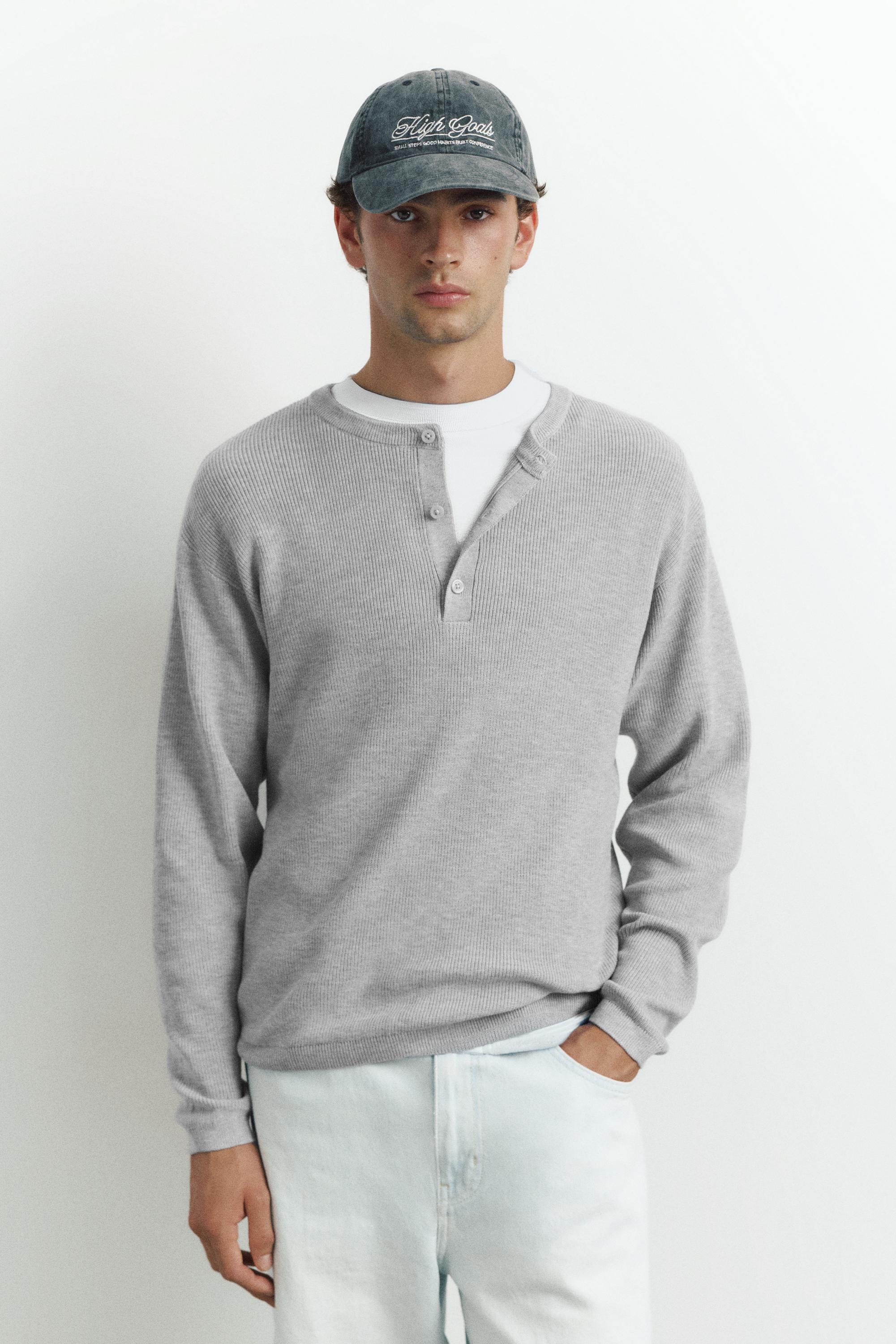 Henley neck jumper — Grey marl