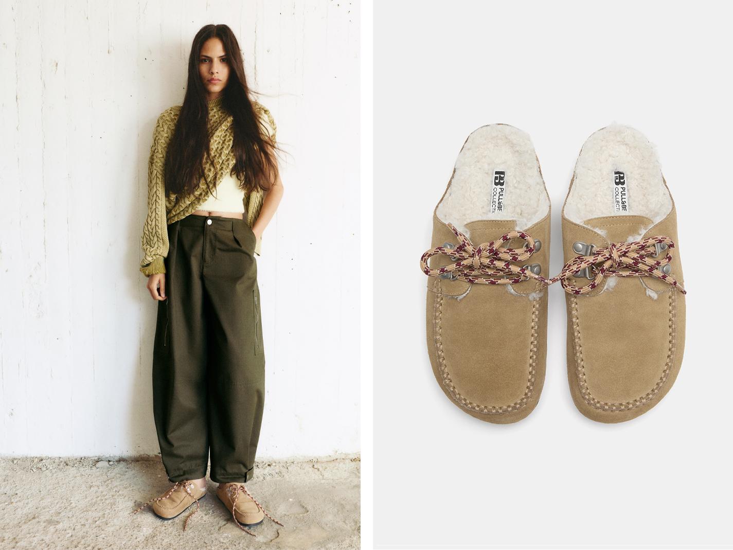 Faux shearling leather lace-up clogs — Sand