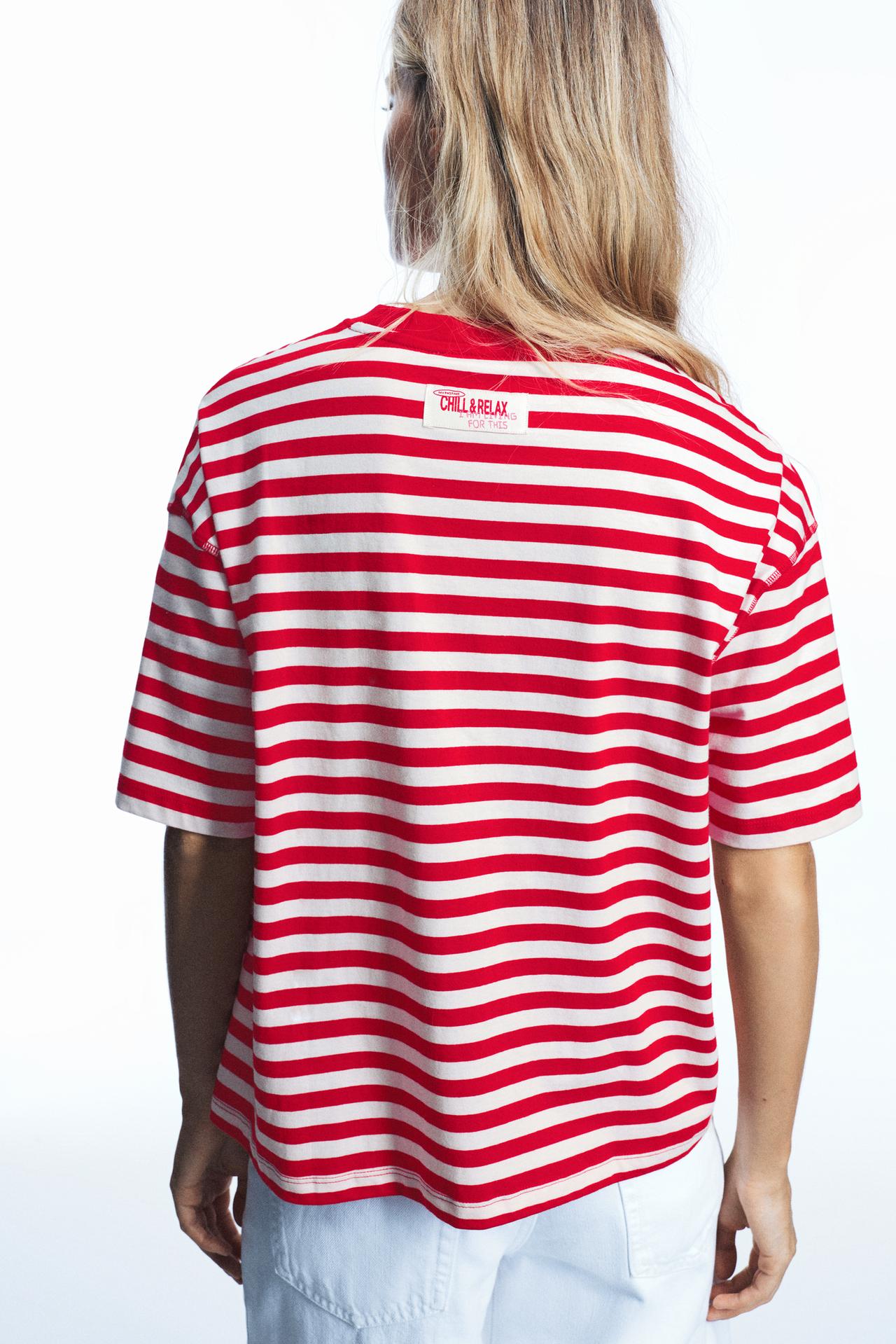 Striped T-shirt with text — Red