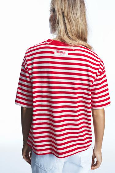 Striped T-shirt with text — Red 2