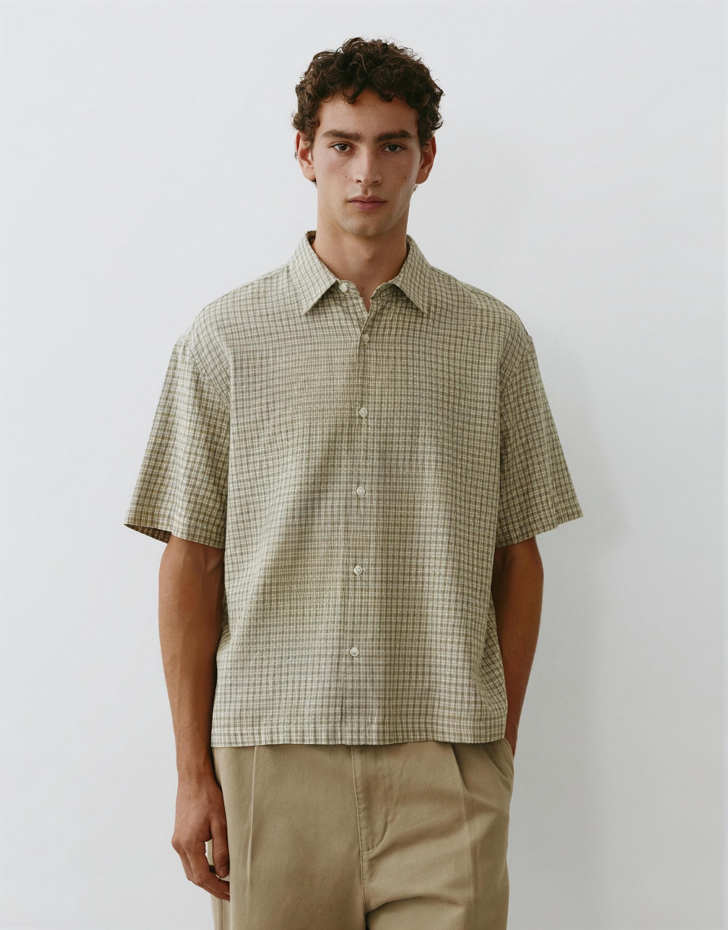 Short sleeve check shirt — Green/Ecru