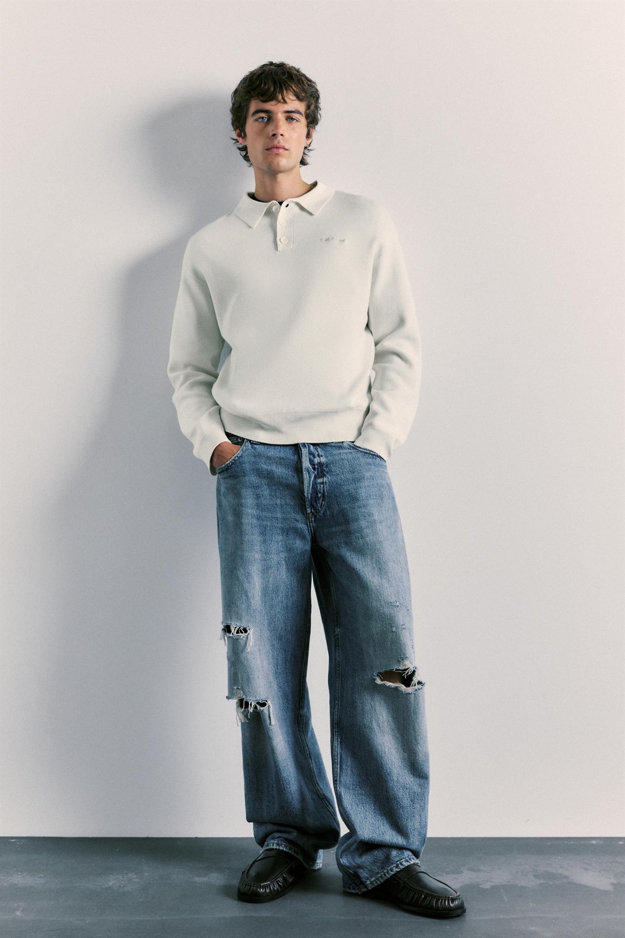 Long sleeve knit polo shirt — Bright white