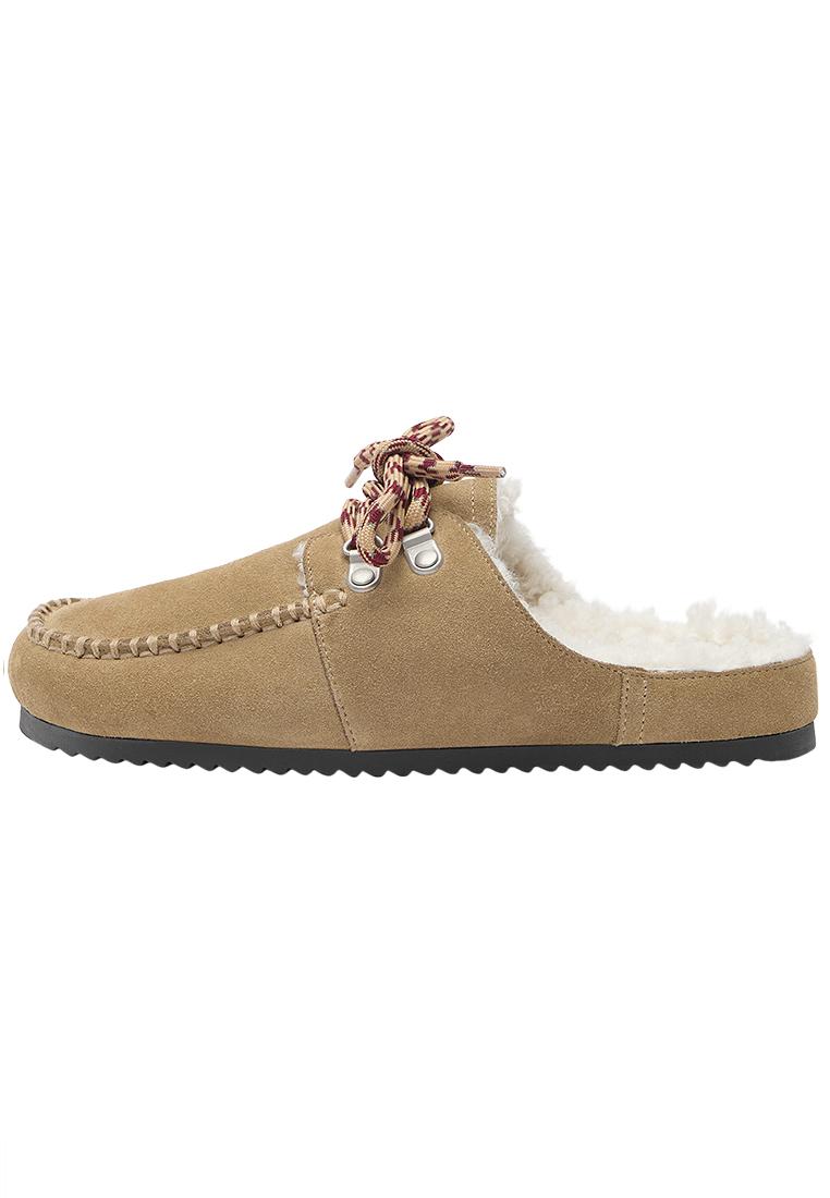 Faux shearling leather lace-up clogs — Sand