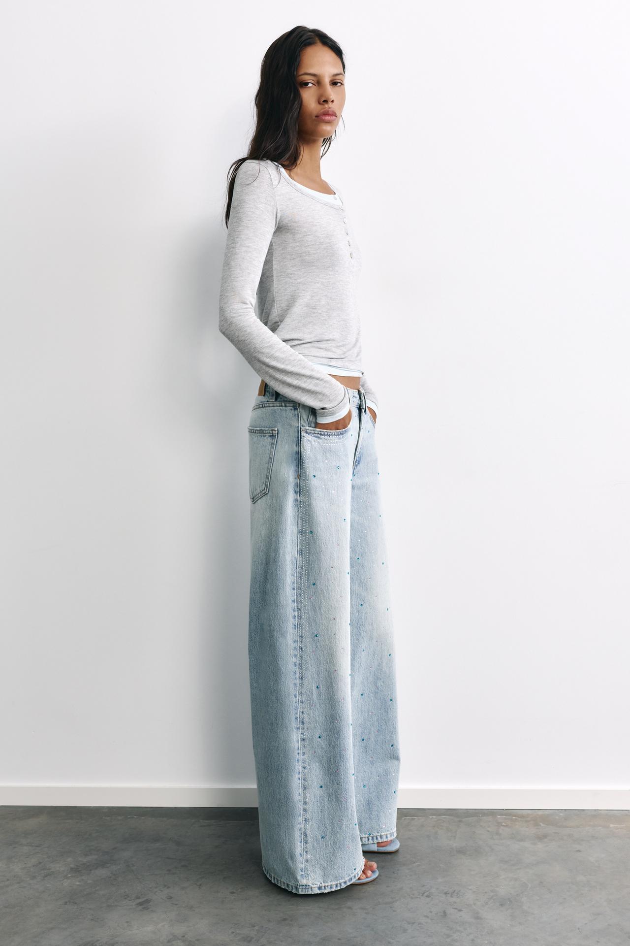 Rhinestone wide-leg jeans — Pale blue