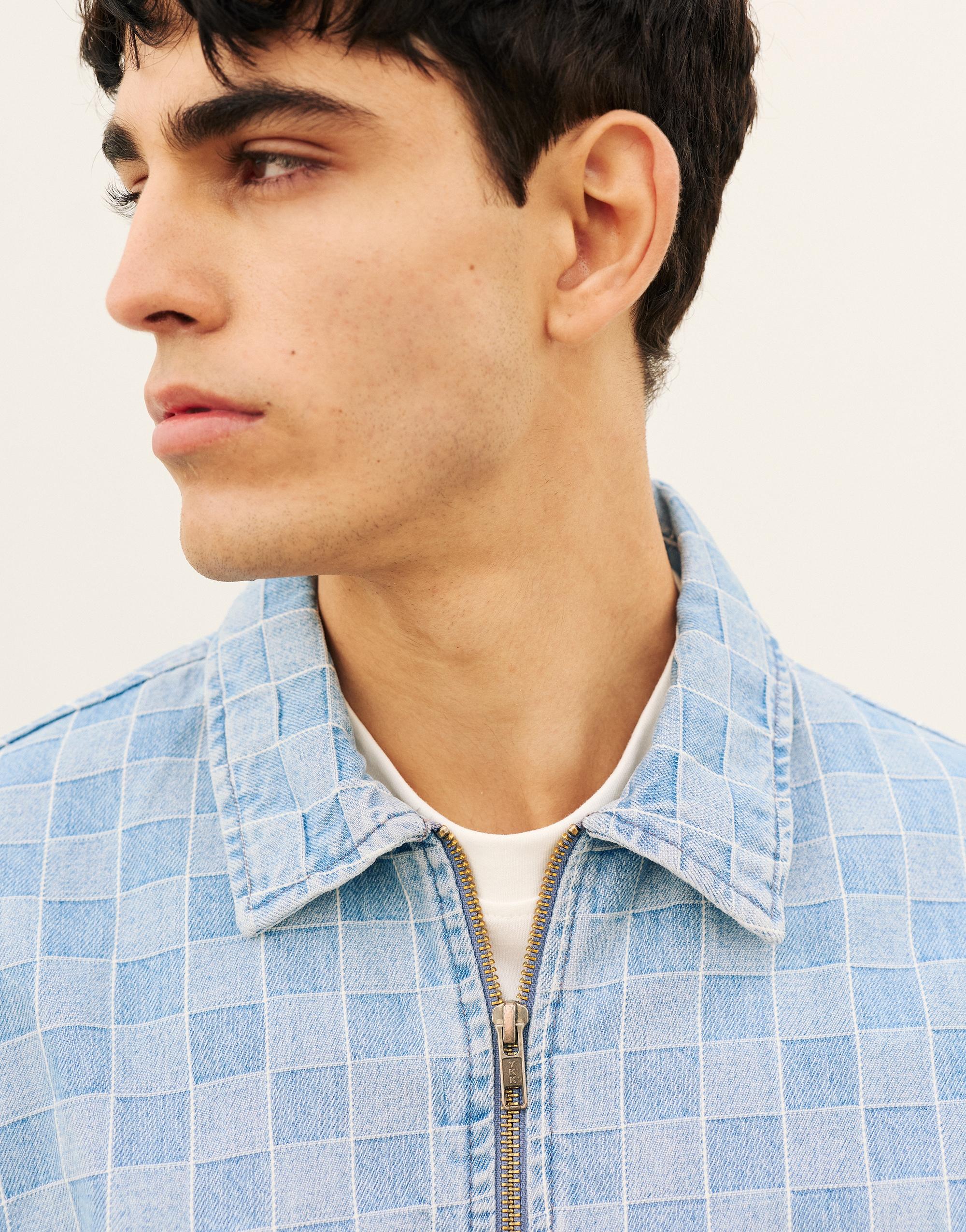 Check zip-up denim shirt — Medium blue