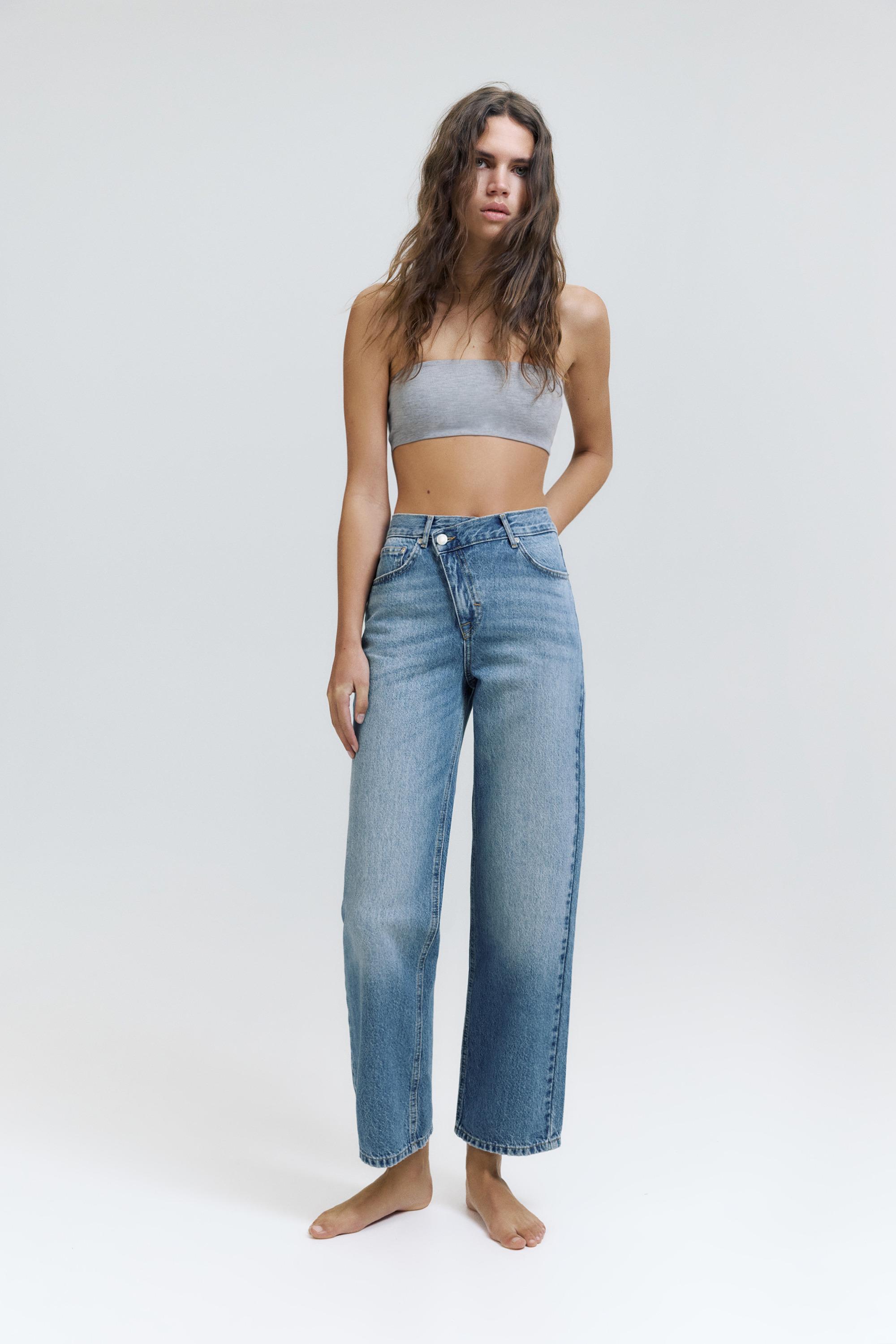 Straight-leg jeans with crossover waistband — Medium blue