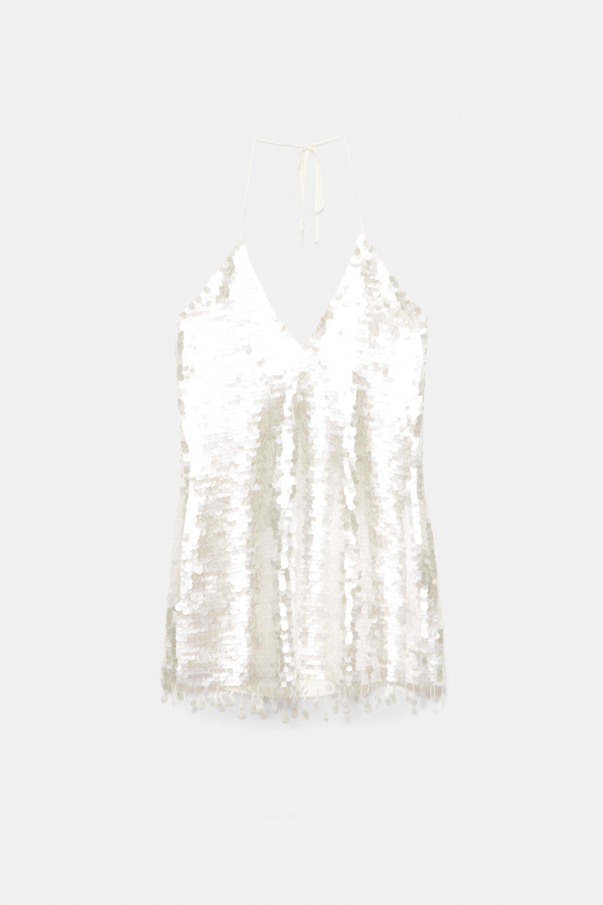 Short sequin halter dress — Ecru