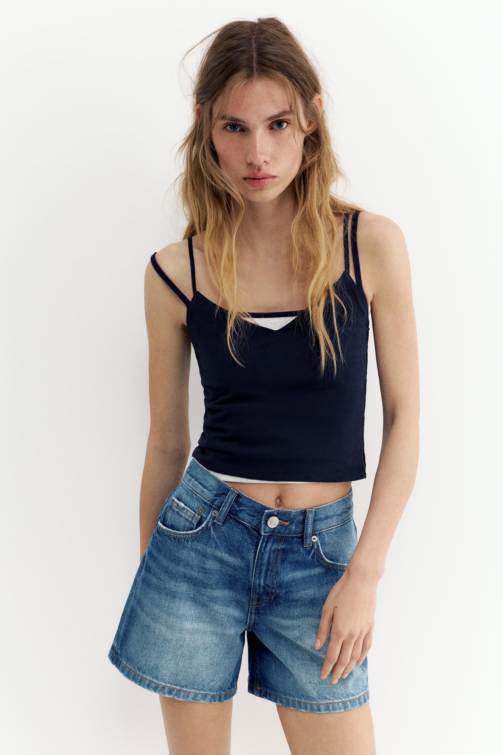 Mid-waist denim Bermuda shorts — Dark blue