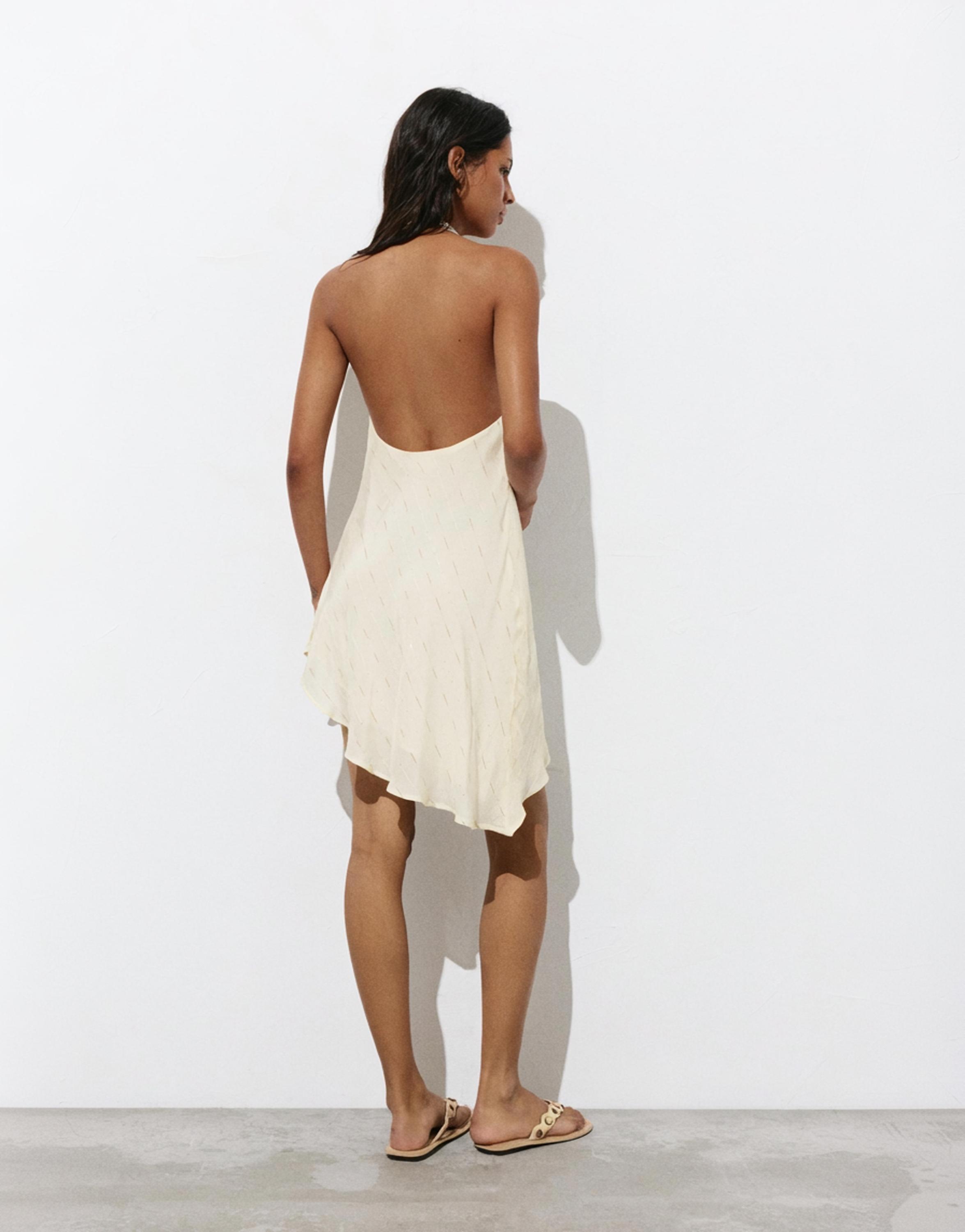 Short asymmetric halter dress — Ecru