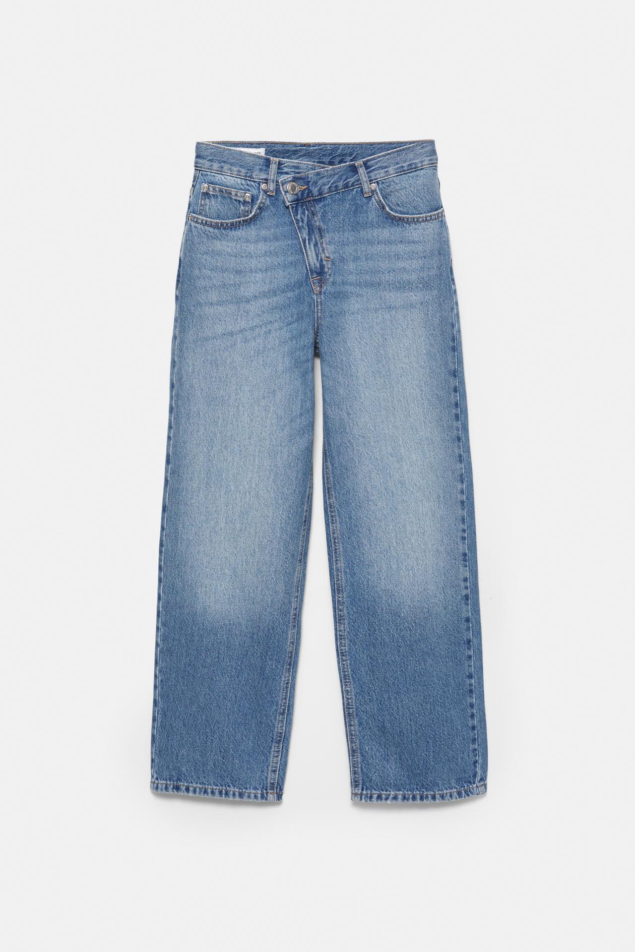 Straight-leg jeans with crossover waist — Medium blue