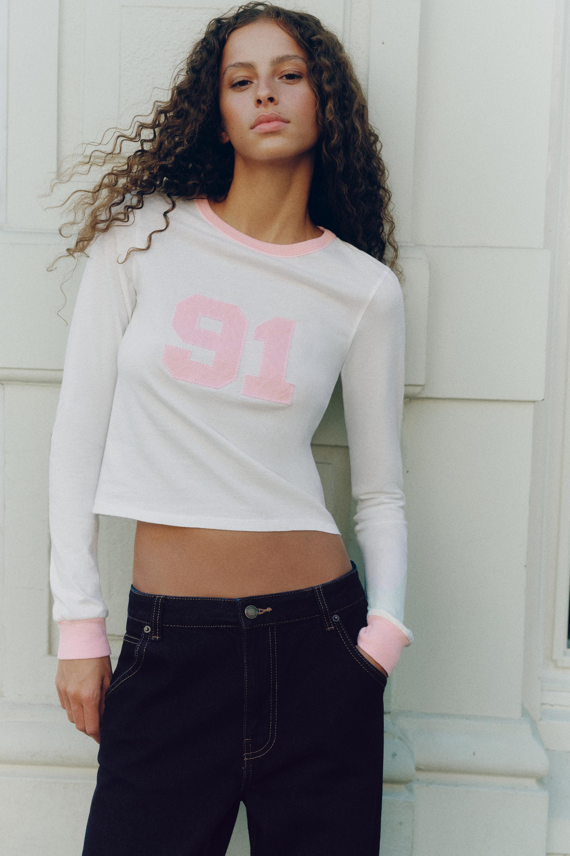 '91' graphic cropped T-shirt — Ice