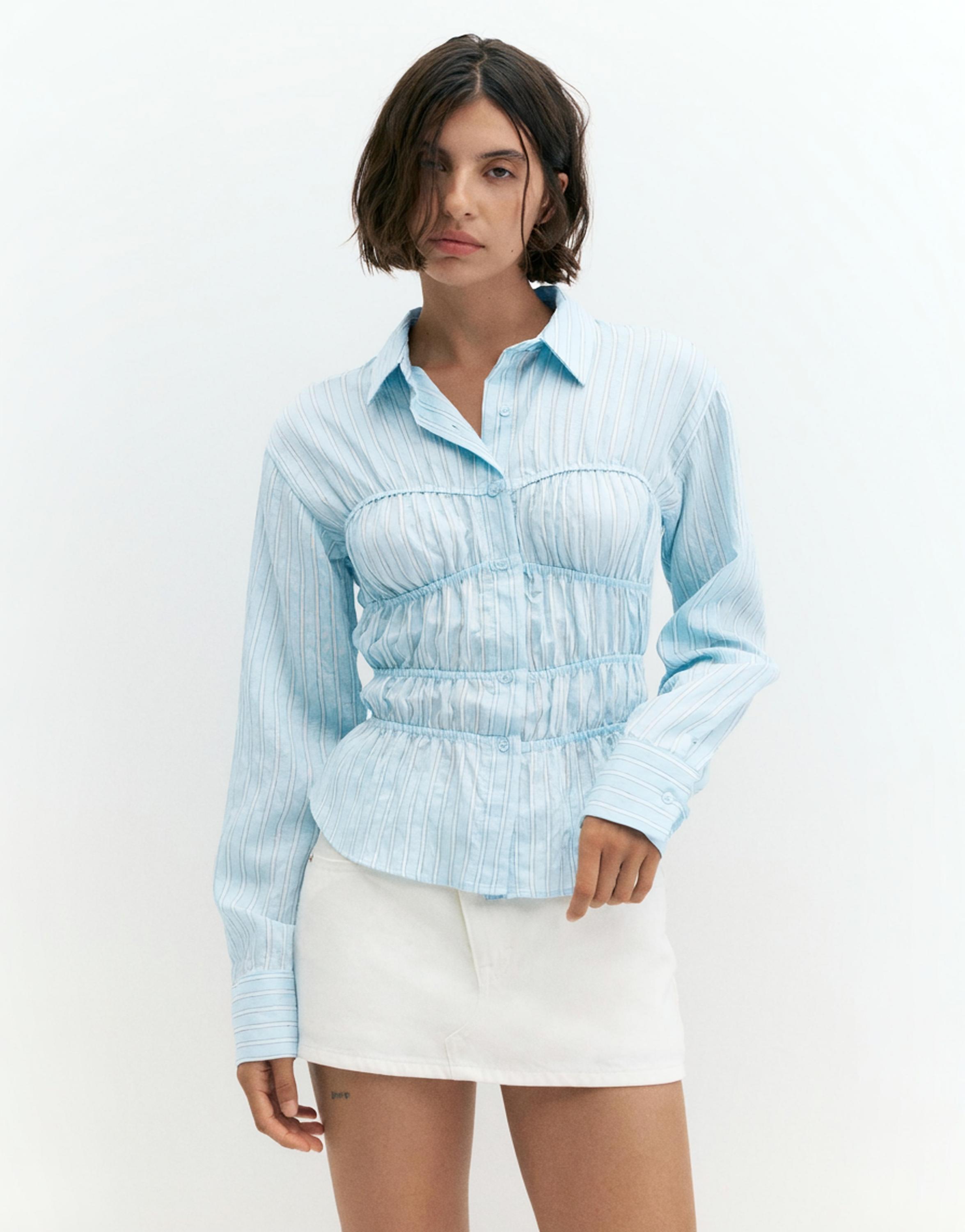 Striped long sleeve gathered shirt — White/Sky Blue
