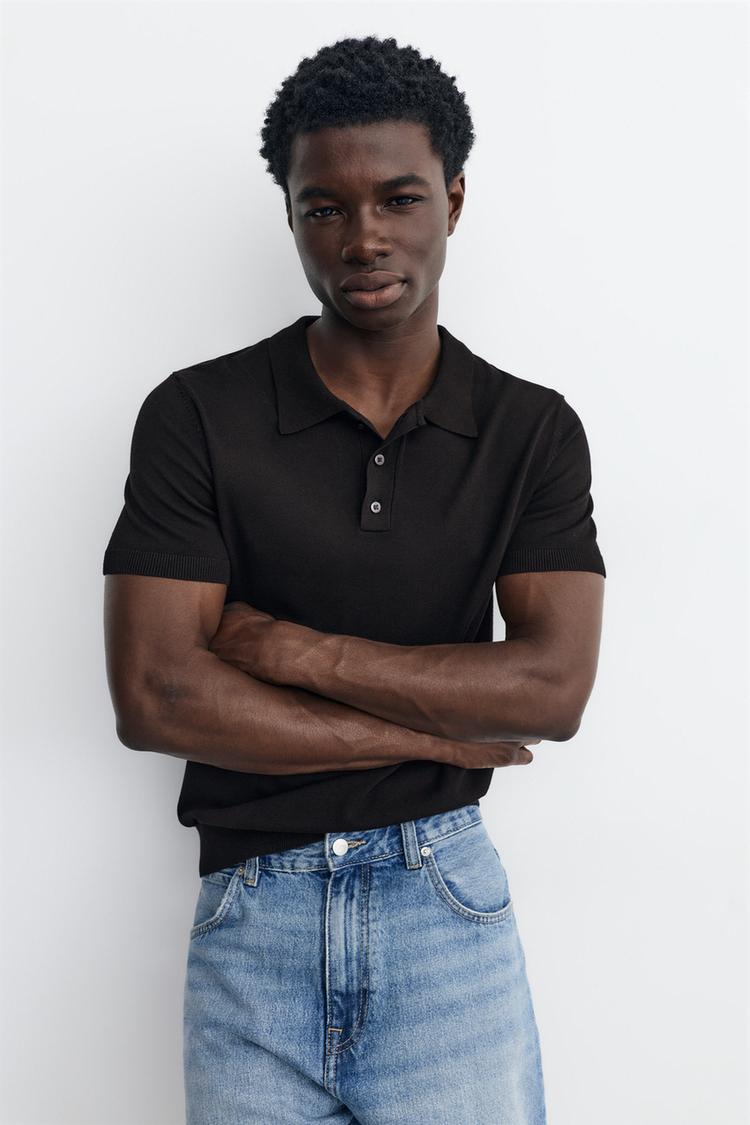 Short sleeve knit polo shirt — Black