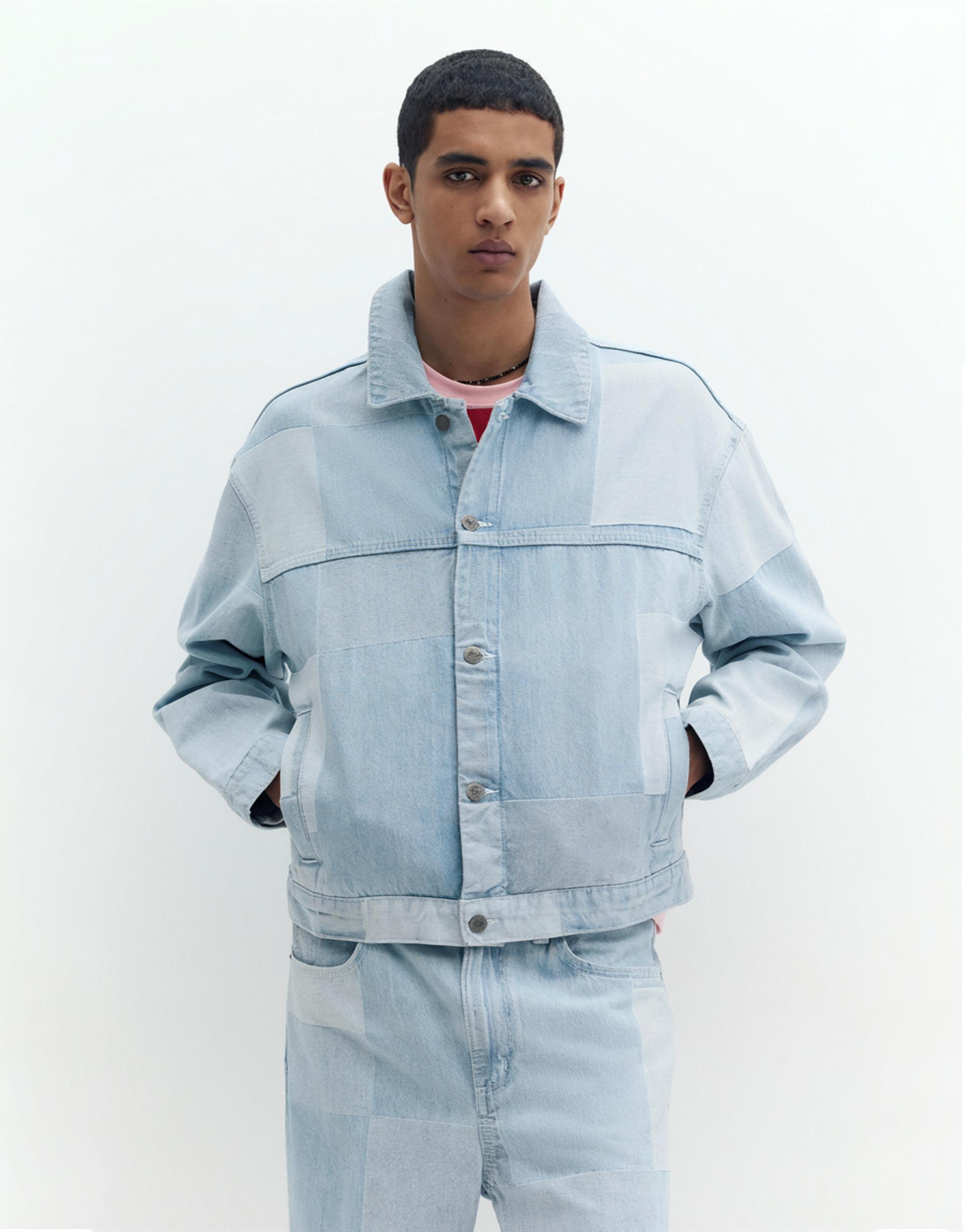 Patchwork kareli denim ceket - Görsel 7